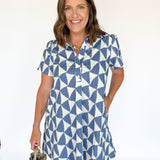 Geometric Button Up Dress- Blue - Ana Patricia Boutique