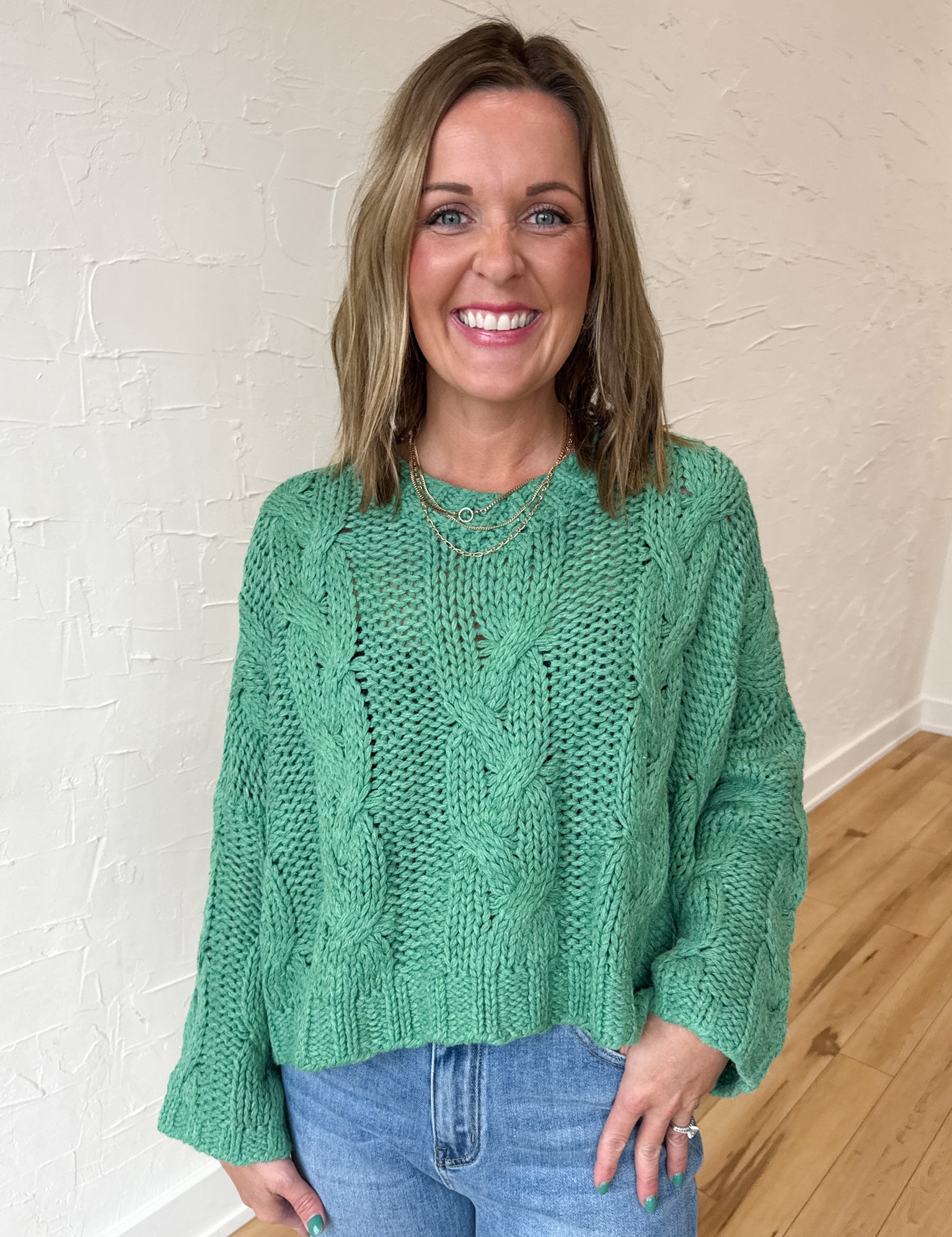 Cableknit V Neck Sweater-Jade - Ana Patricia Boutique