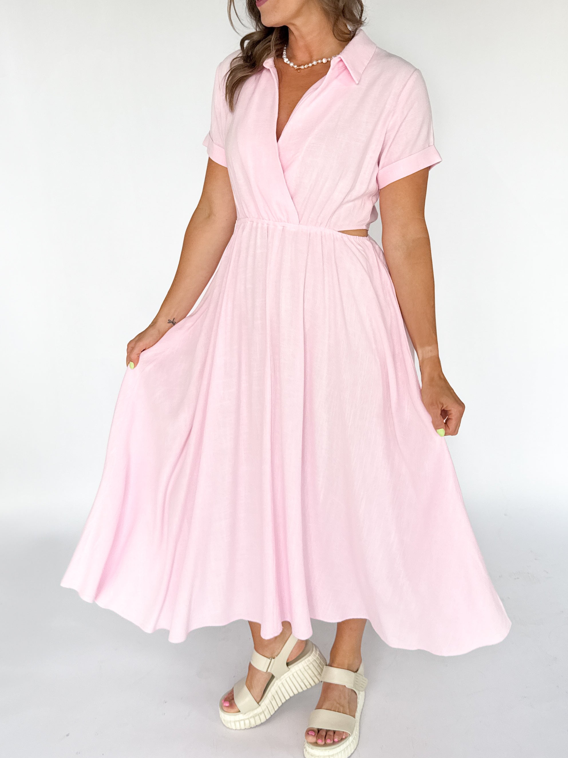 Cut Out Side Maxi Shirtdress- Pink - Ana Patricia Boutique