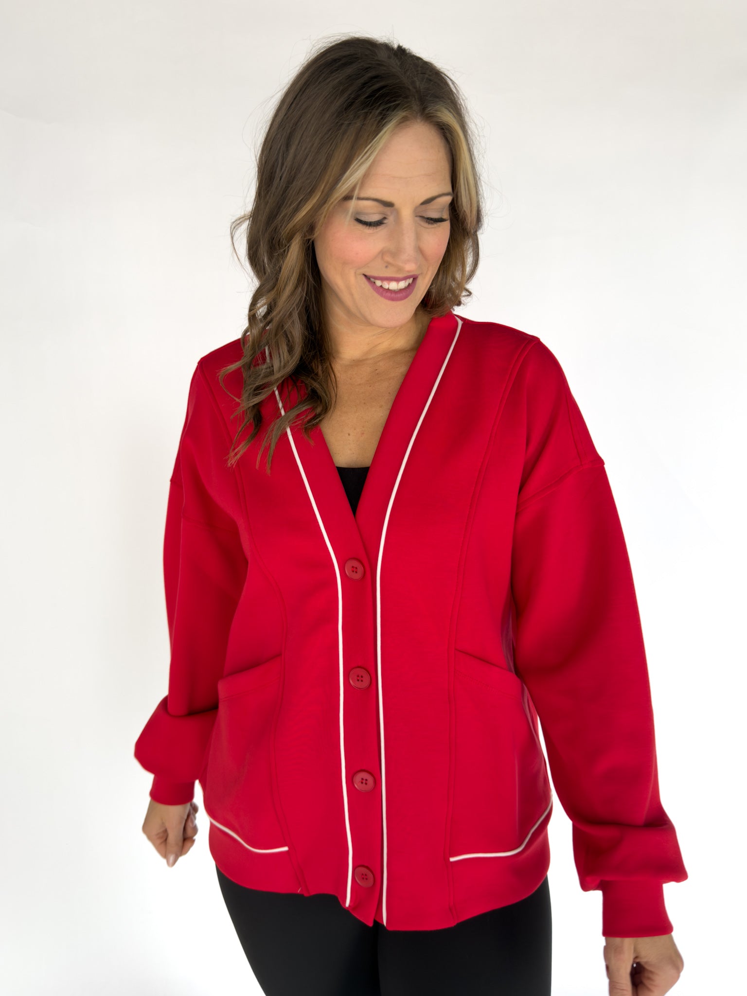 Scuba Piping Cardi- Red/Cream - Ana Patricia Boutique
