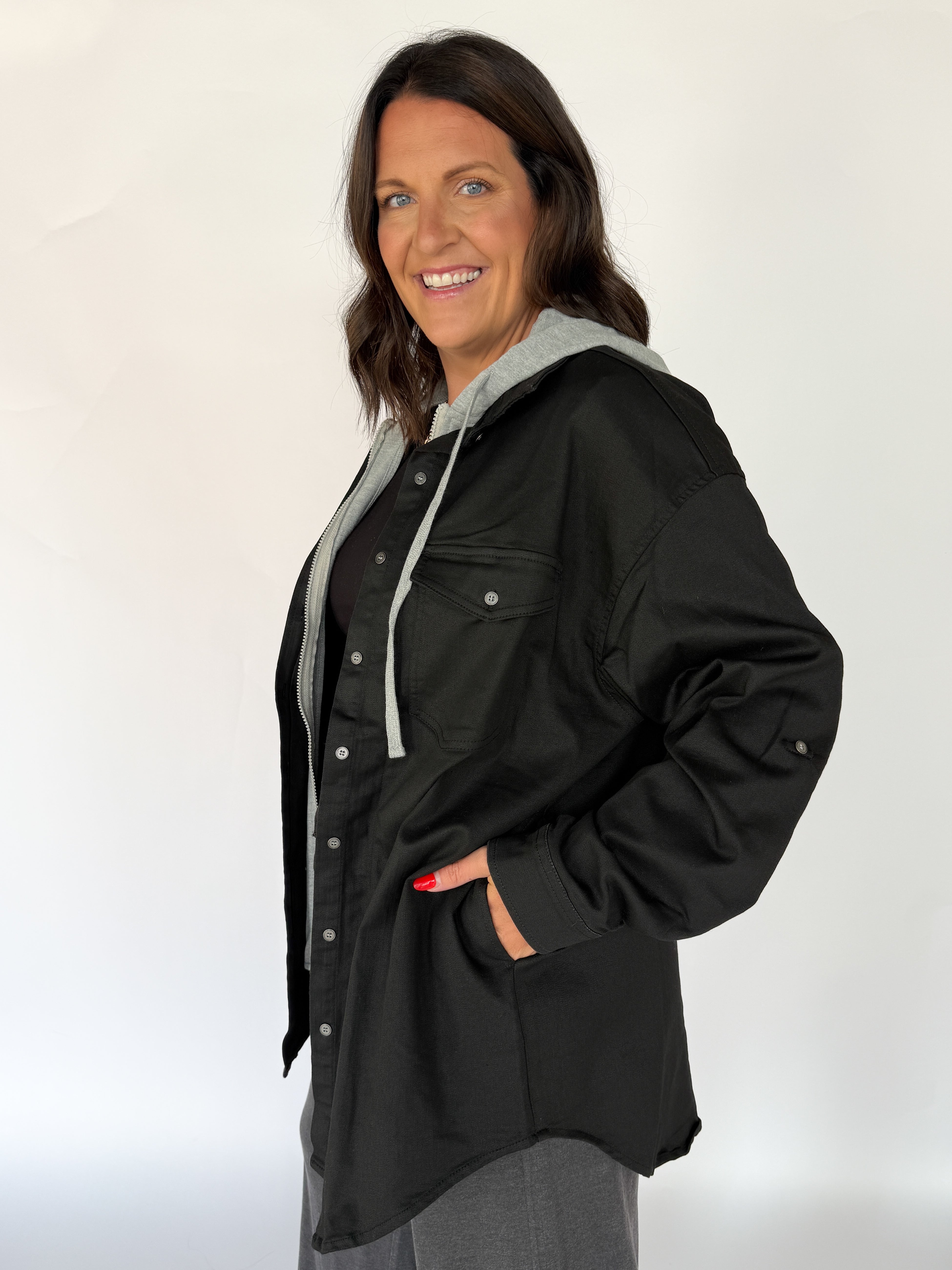 Denim Hoodie Jacket- Black - Ana Patricia Boutique