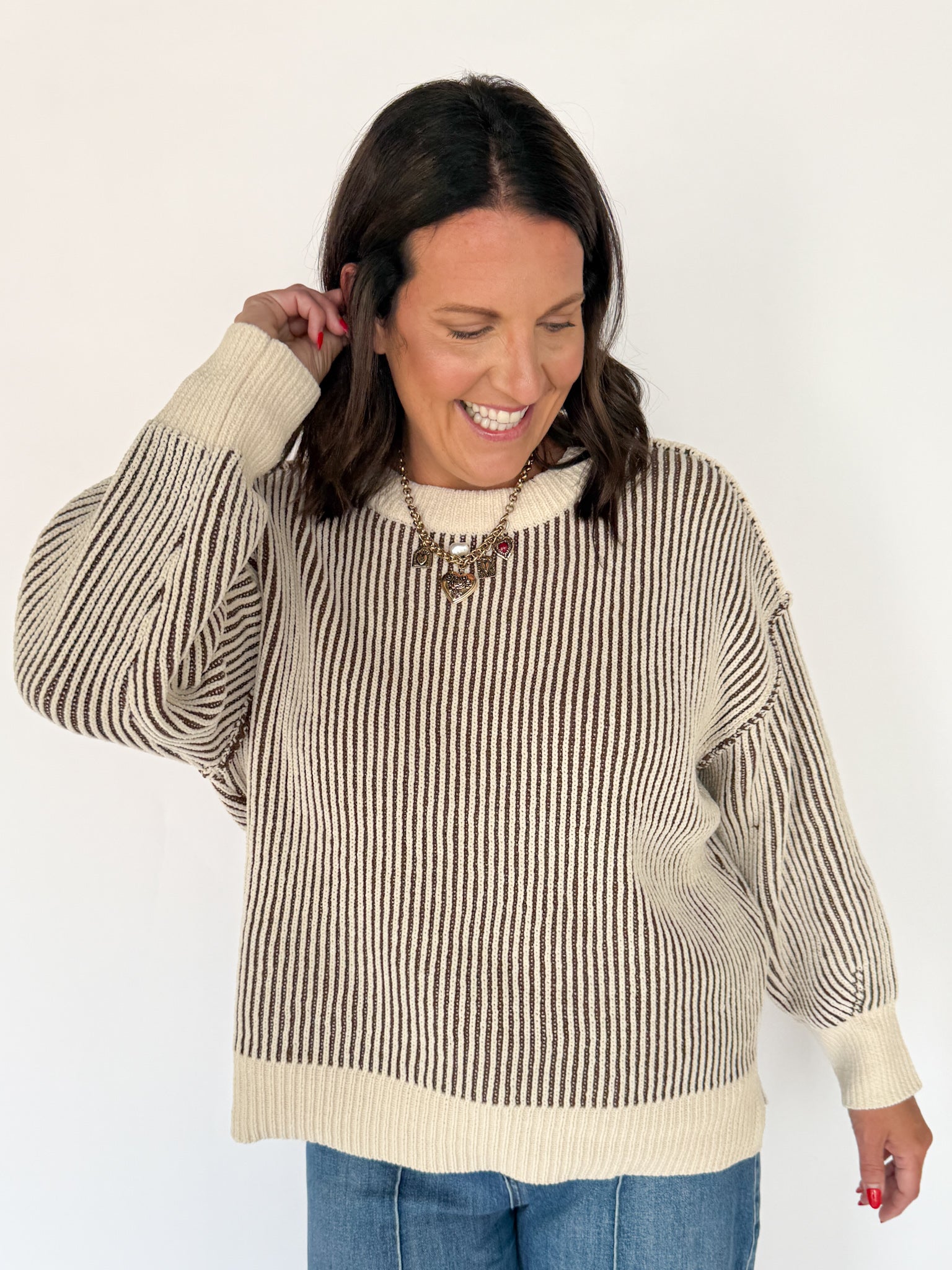 Two Tone Crewneck Sweater- Brown - Ana Patricia Boutique