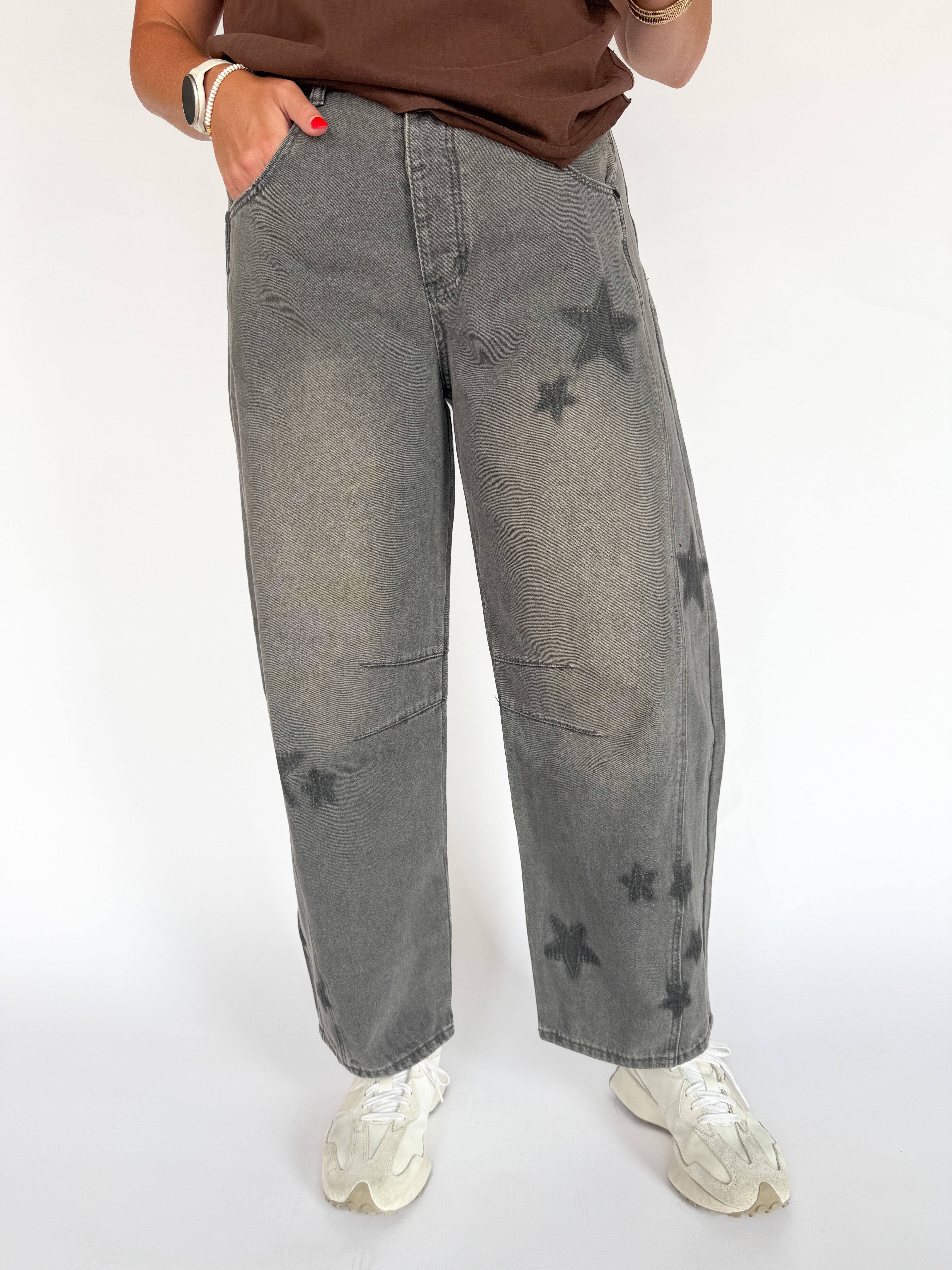 Star Printed Barrel Jeans- Charcoal - Ana Patricia Boutique