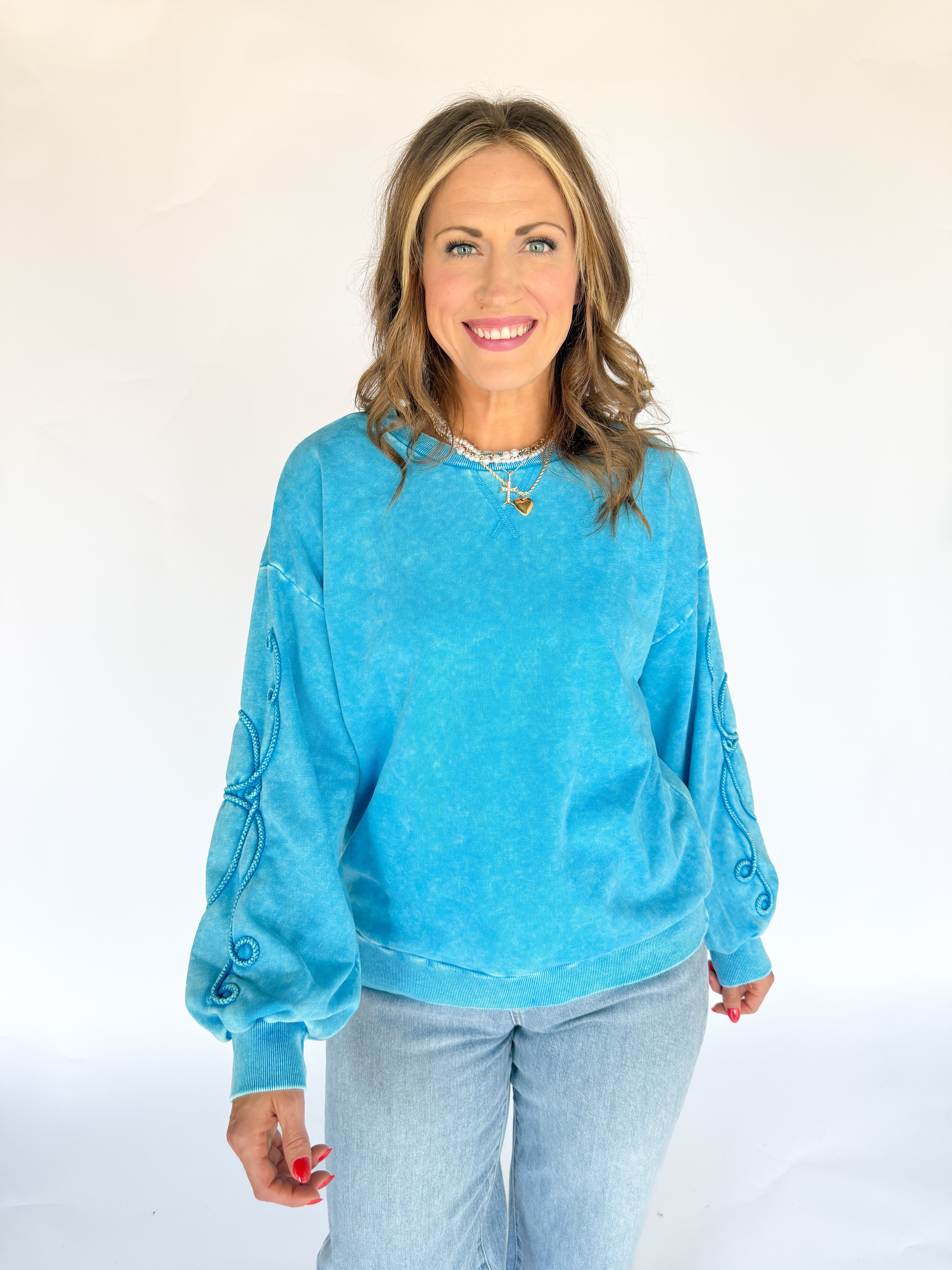 Washed Terry Heart Pullover- Blue - Ana Patricia Boutique