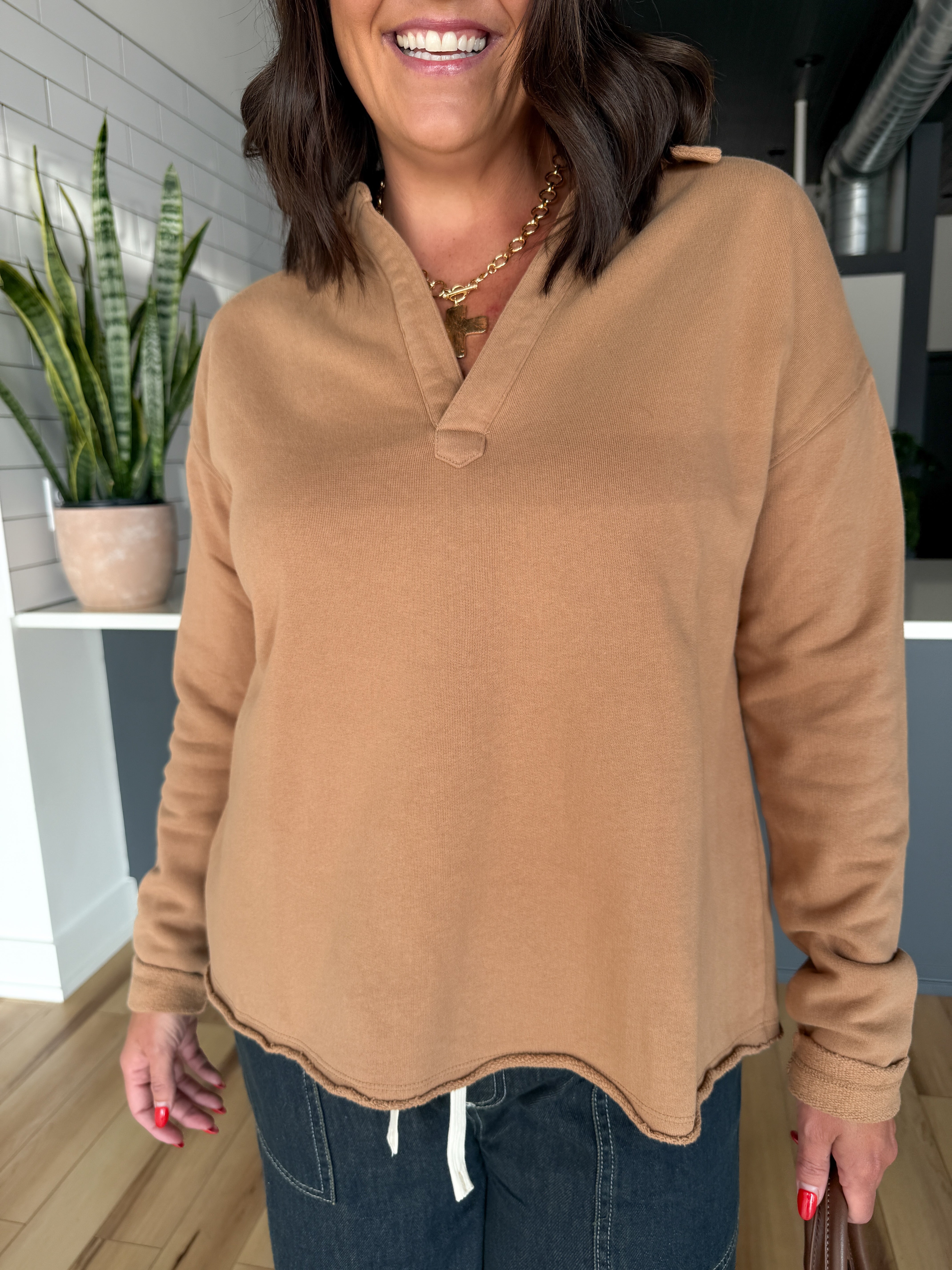 Long Sleeve Henley Top- Mocha - Ana Patricia Boutique