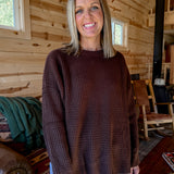 Round Neck Waffleknit Sweater- Brown