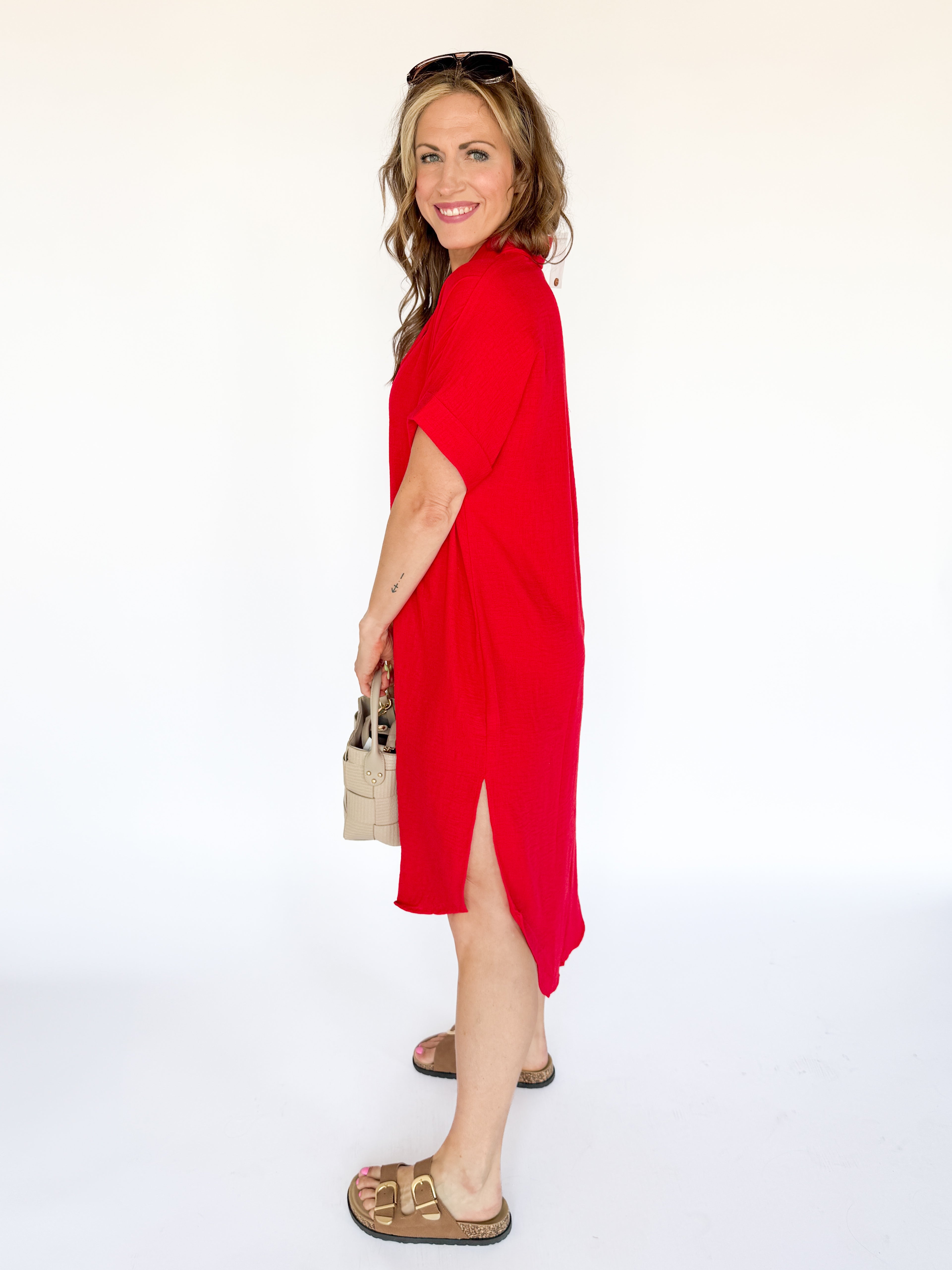 Button Down Midi Dress- Red - Ana Patricia Boutique