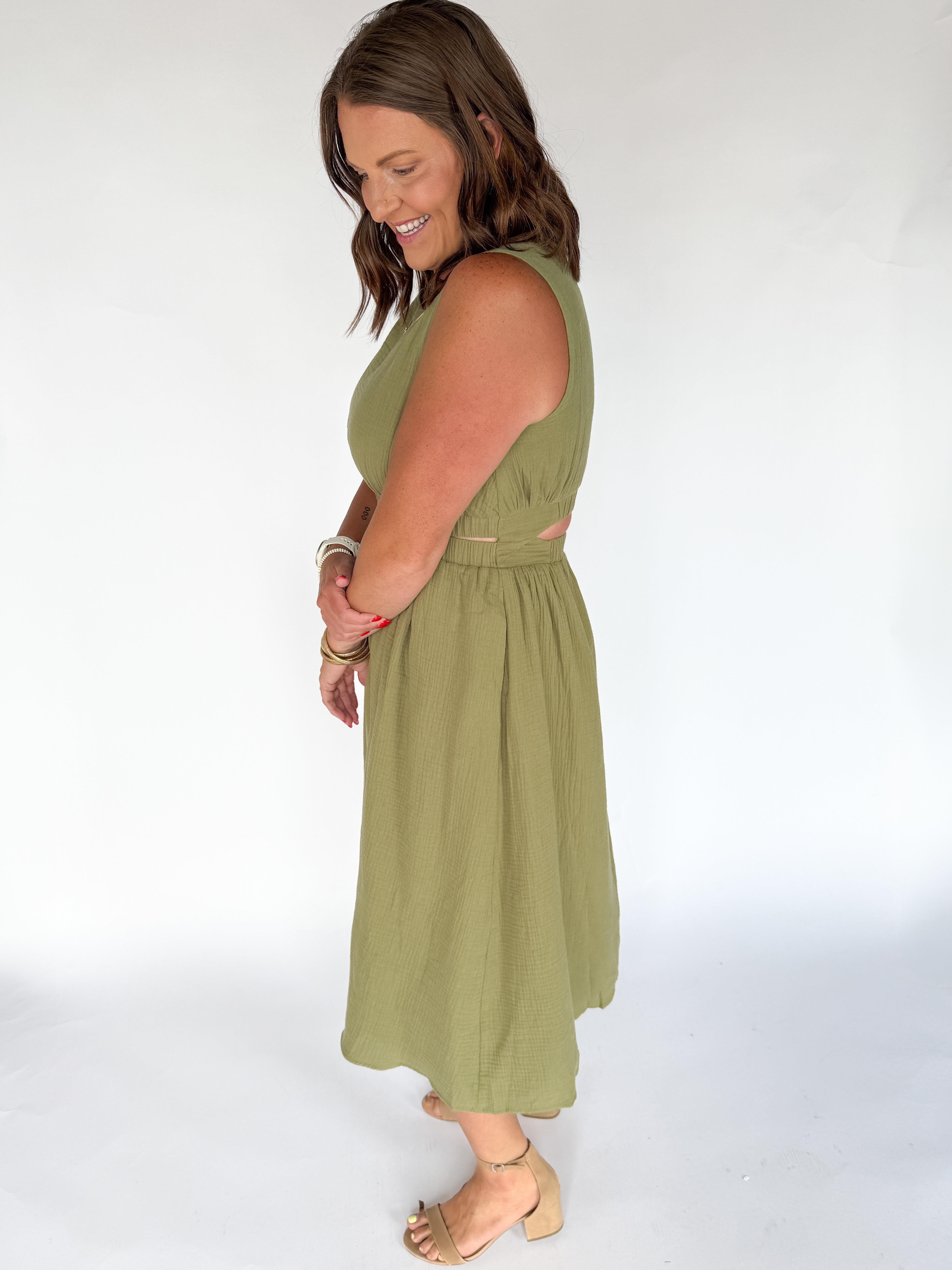 Cut Out Waist Midi Dress- Olive - Ana Patricia Boutique
