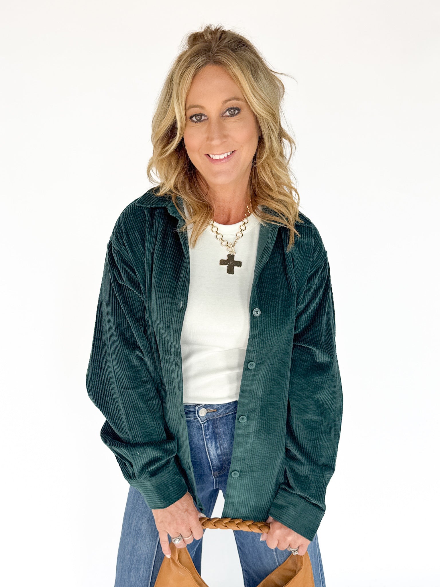 Corduroy Button Up Shirt- Forest Green - Ana Patricia Boutique