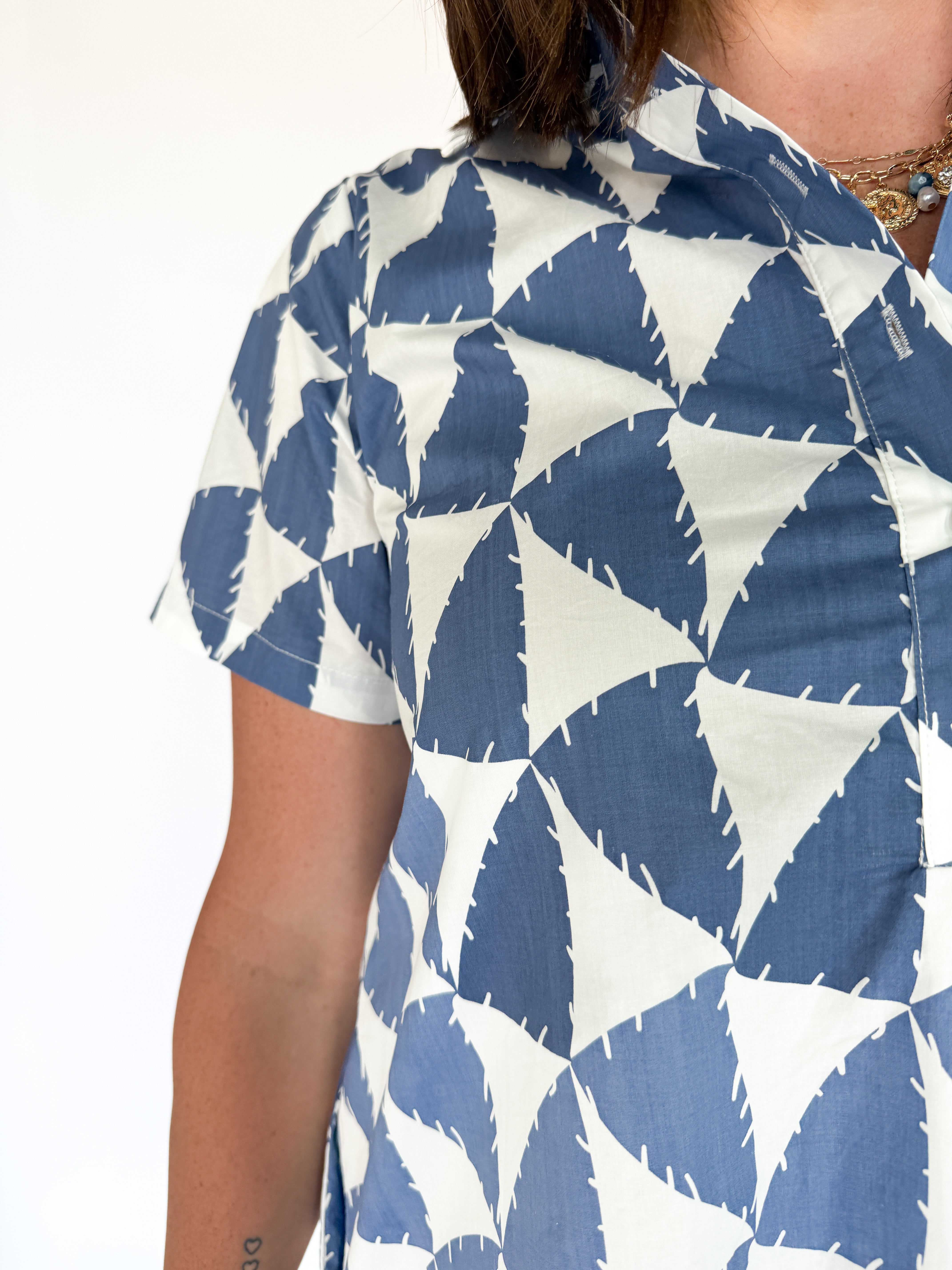 Geometric Button Up Dress- Blue - Ana Patricia Boutique