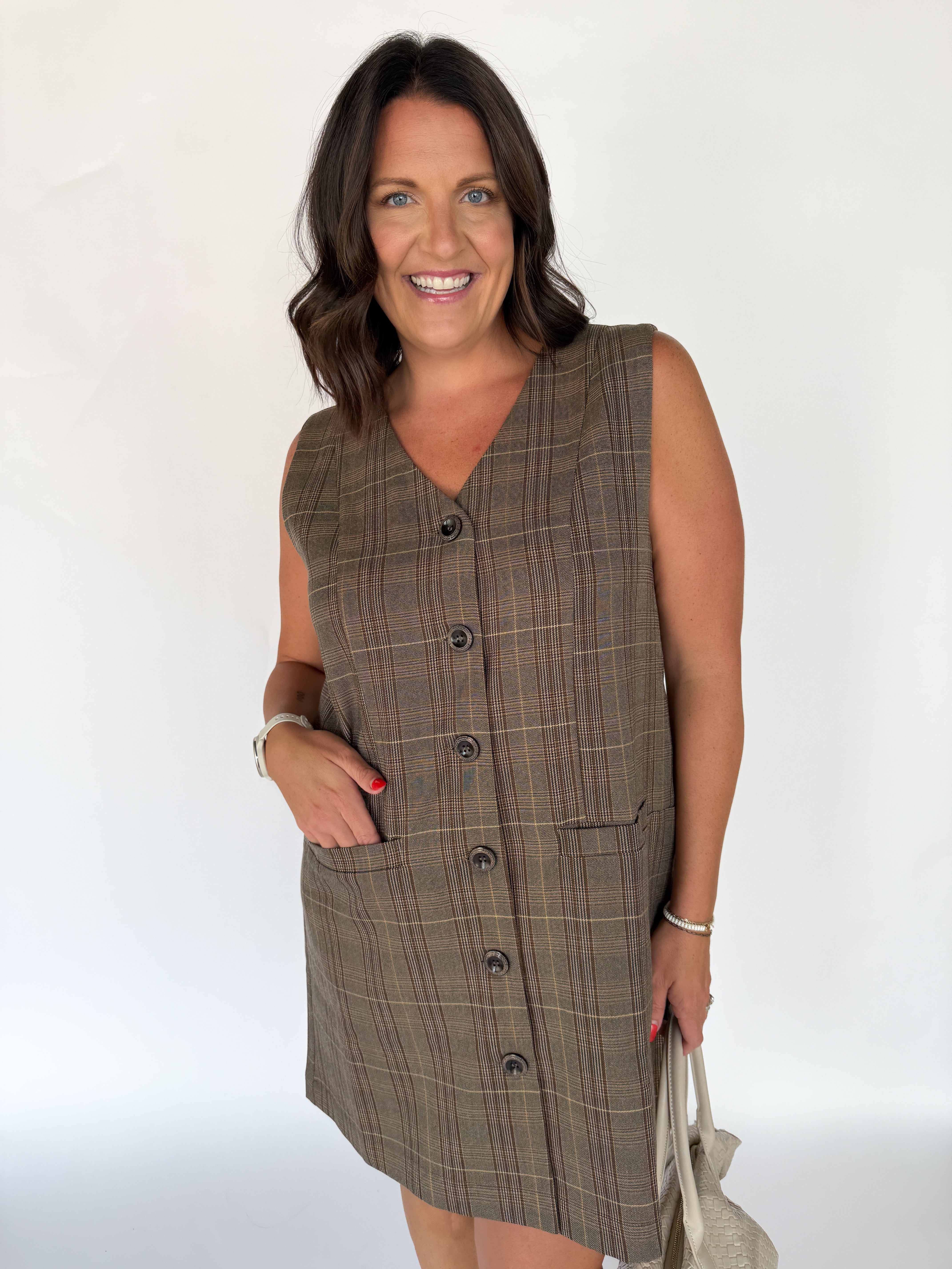 Button Down Plaid Dress- Brown - Ana Patricia Boutique