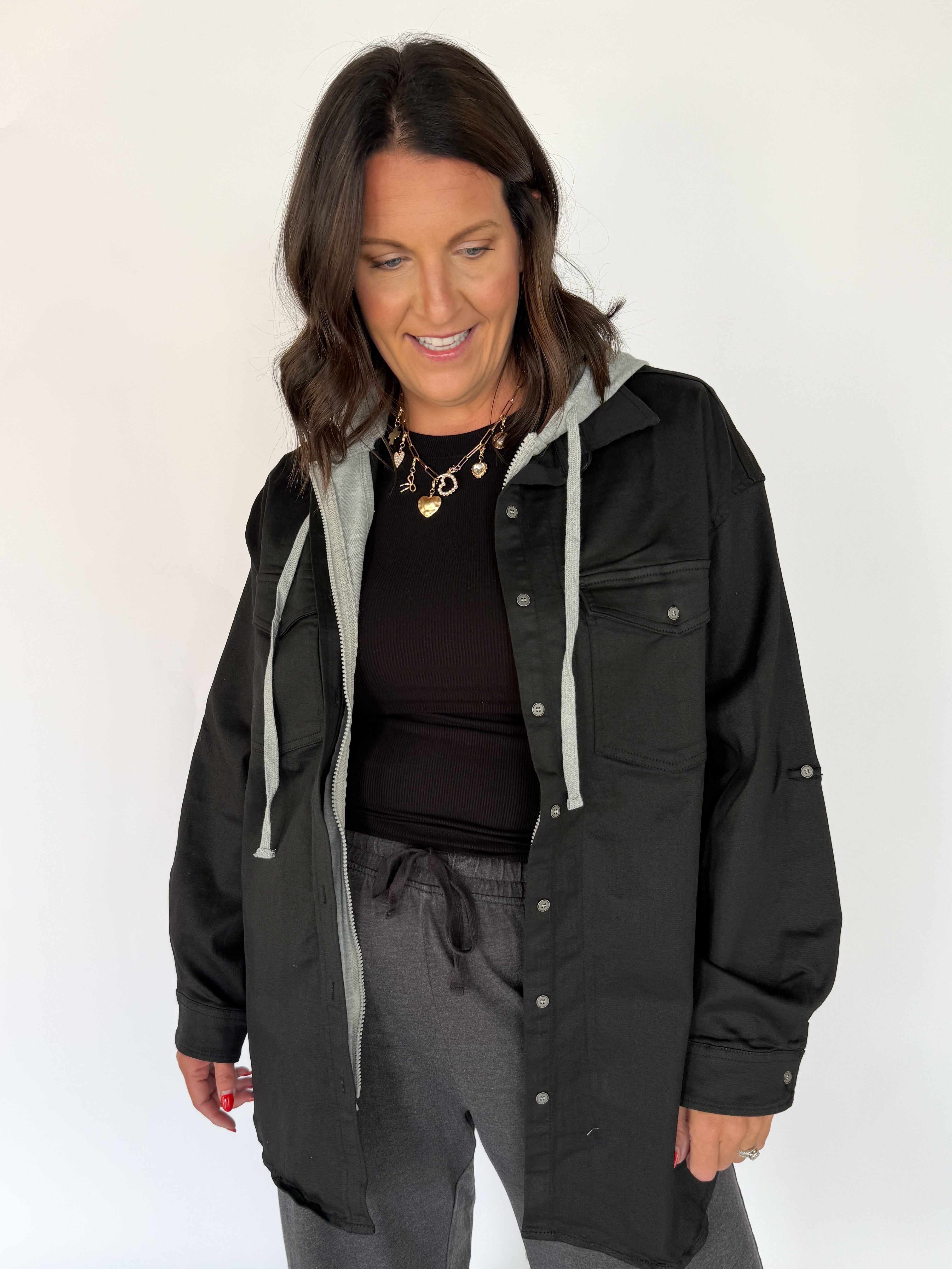 Denim Hoodie Jacket- Black - Ana Patricia Boutique