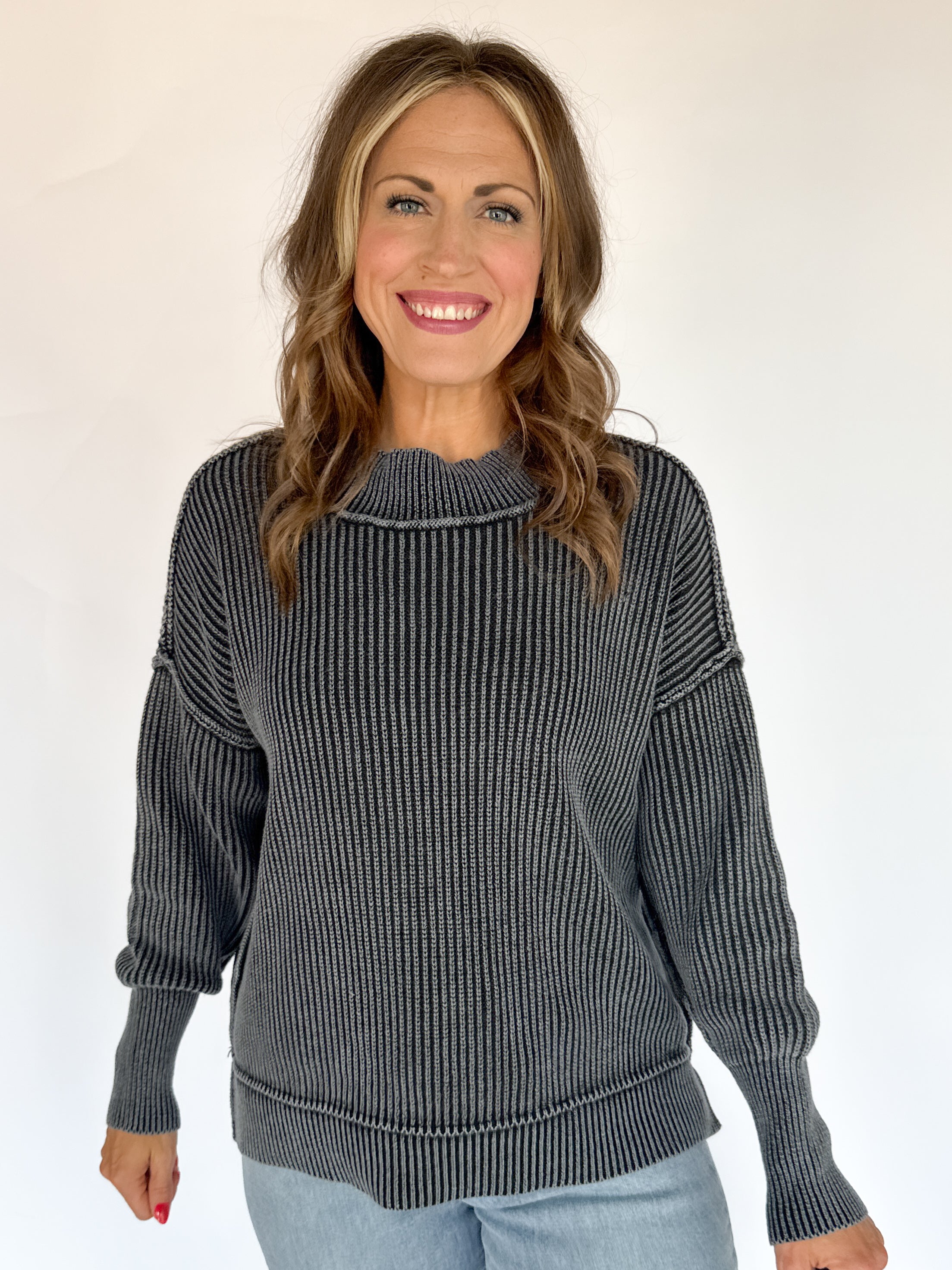 Washed Side Slit Sweater-Black - Ana Patricia Boutique