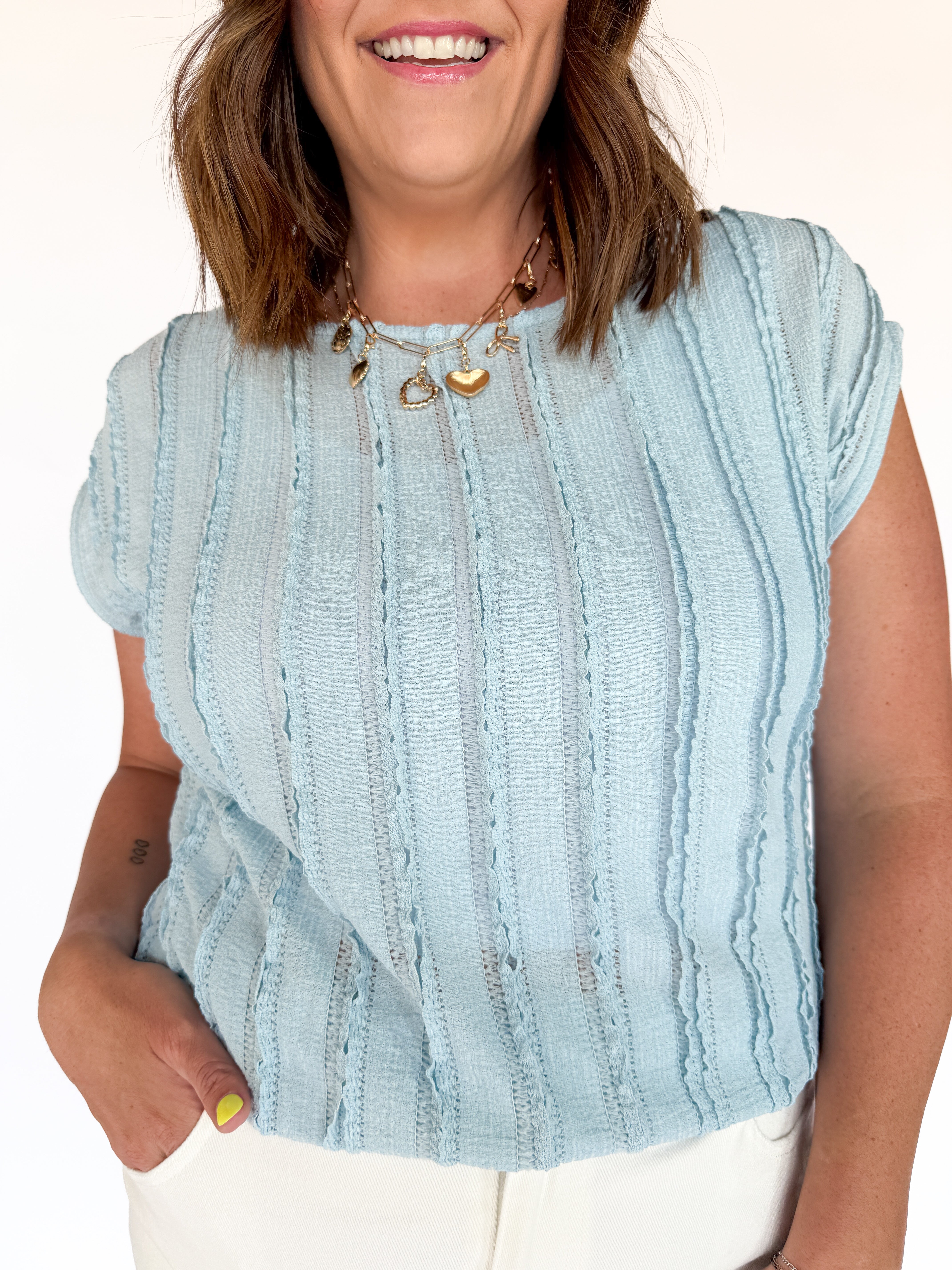 Cap Sleeve Textured Tee- Blue - Ana Patricia Boutique