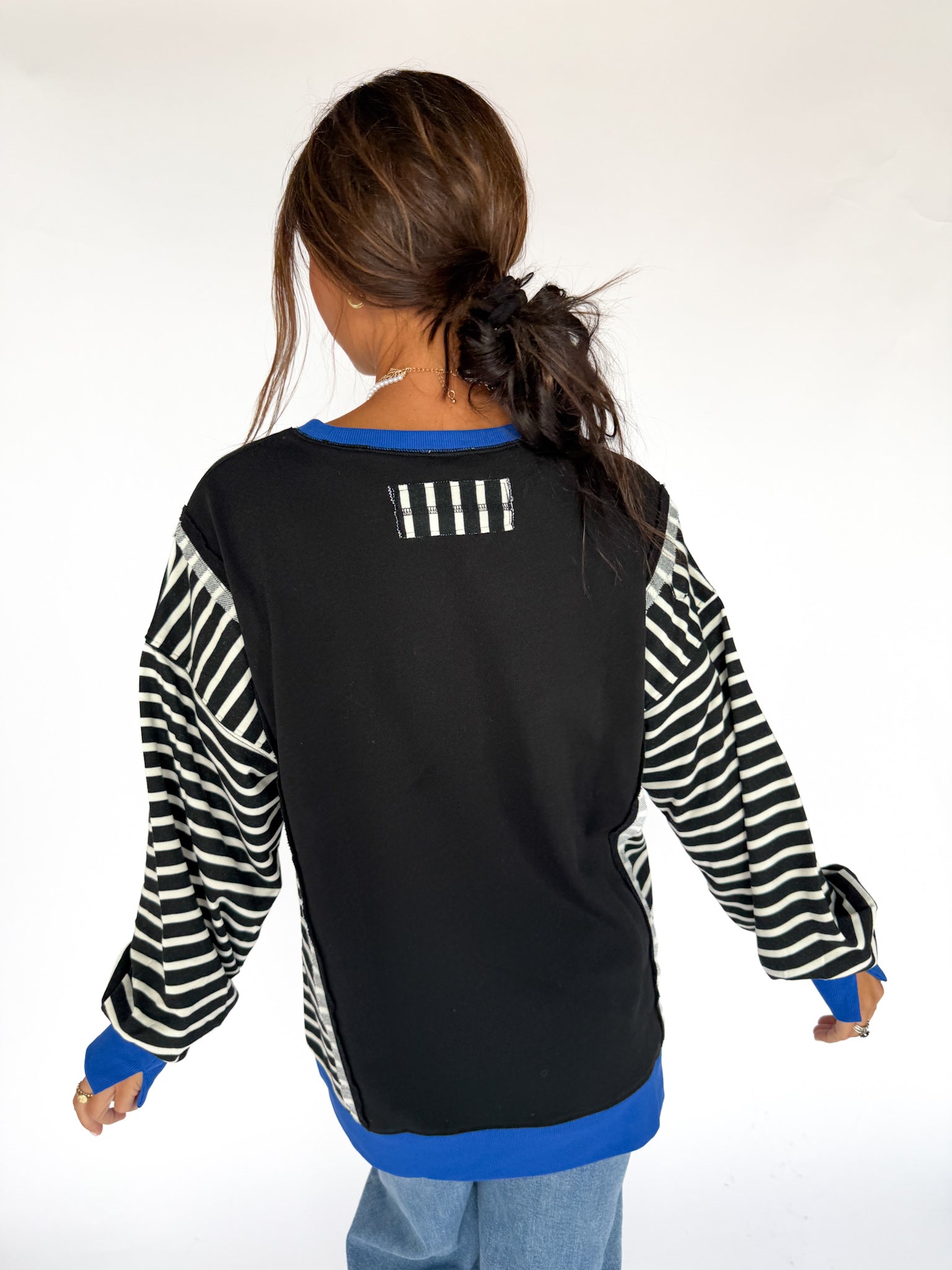Stripe Sleeve Pullover-Blk/Blue - Ana Patricia Boutique