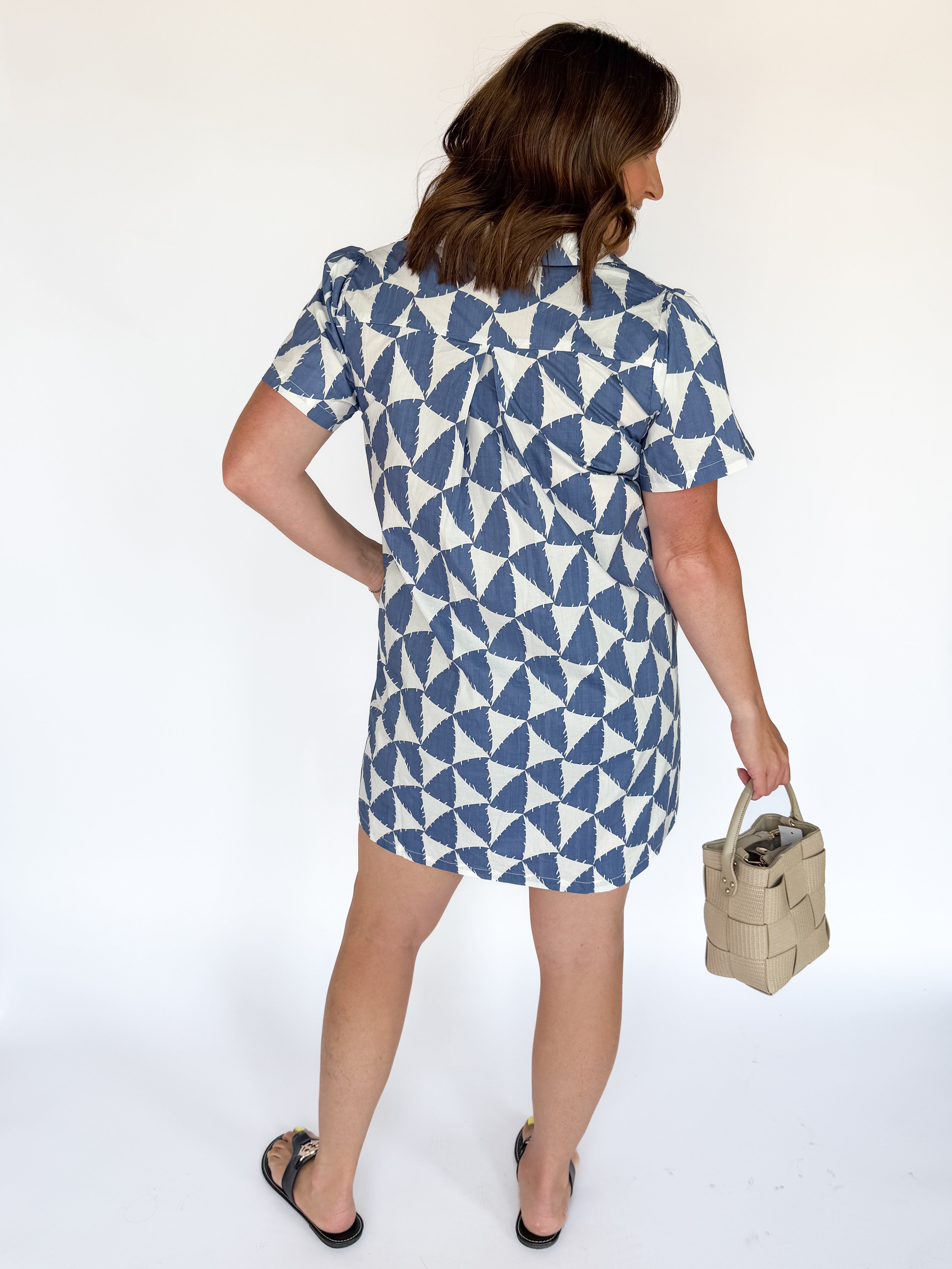 Geometric Button Up Dress- Blue - Ana Patricia Boutique