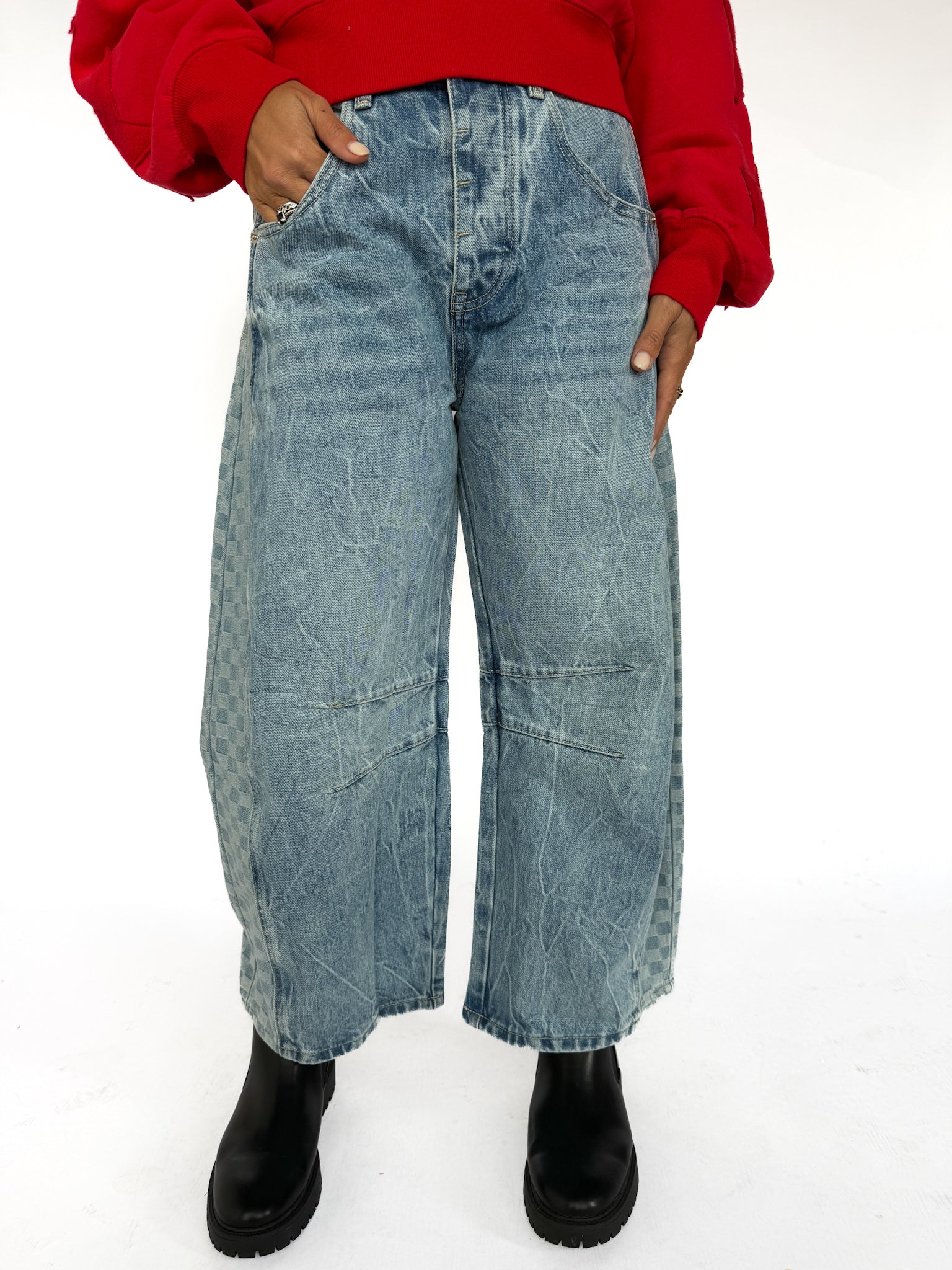 Checkered Side Barrel Jeans - Ana Patricia Boutique