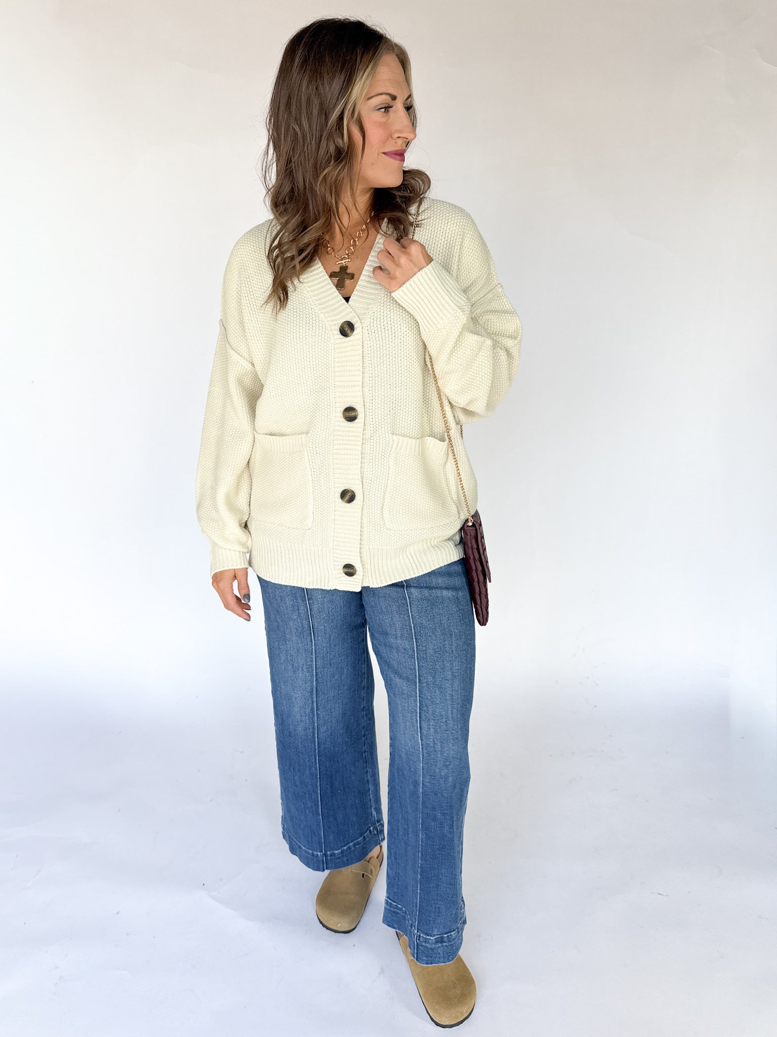 V Neck Waffleknit Cardigan- Ivory - Ana Patricia Boutique