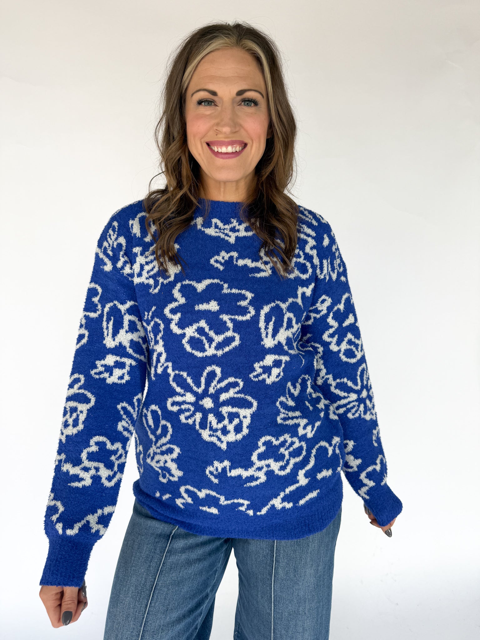 Boucle Floral Knit Sweater- Royal Blue - Ana Patricia Boutique