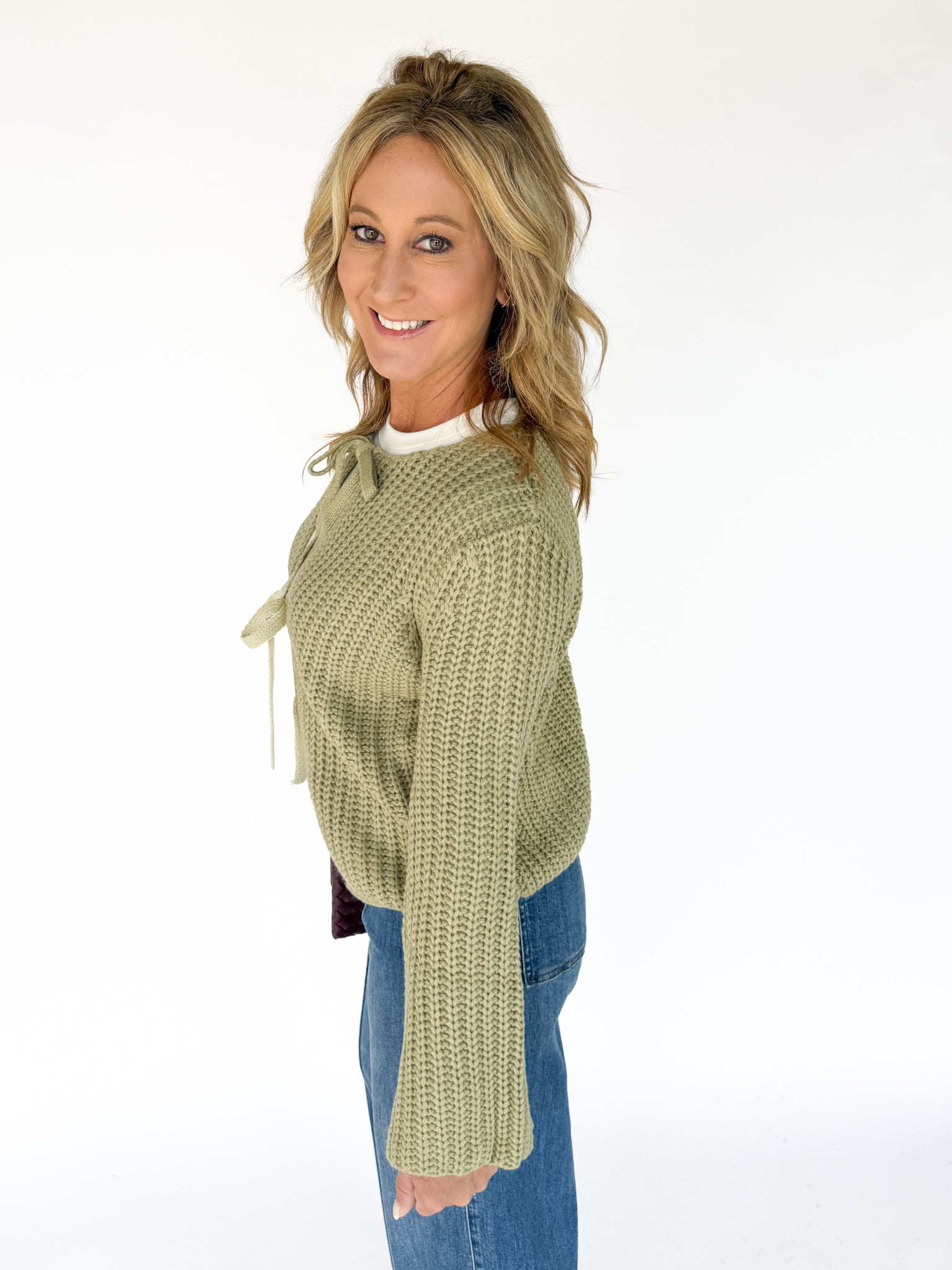 Knit Bow Cardigan Sweater- Olive - Ana Patricia Boutique