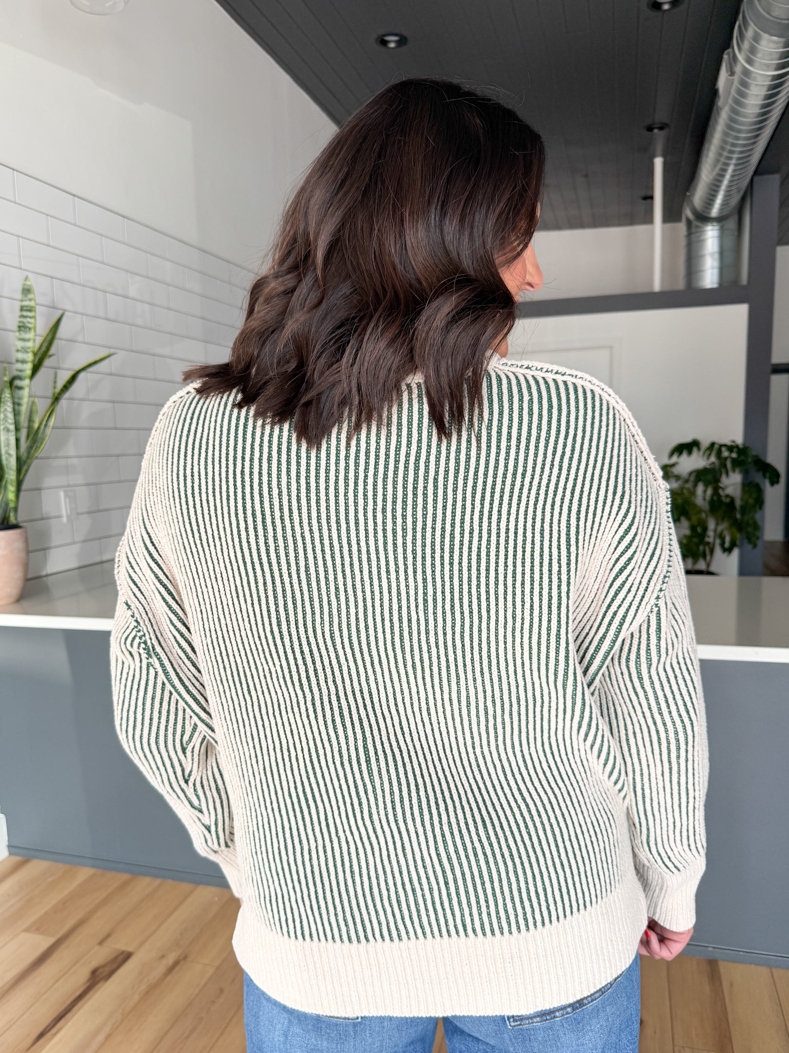 Two Tone Crewneck Sweater- Dk. Green - Ana Patricia Boutique