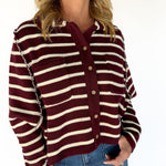 Collared Button Down Sweater- Wine/Ivory - Ana Patricia Boutique