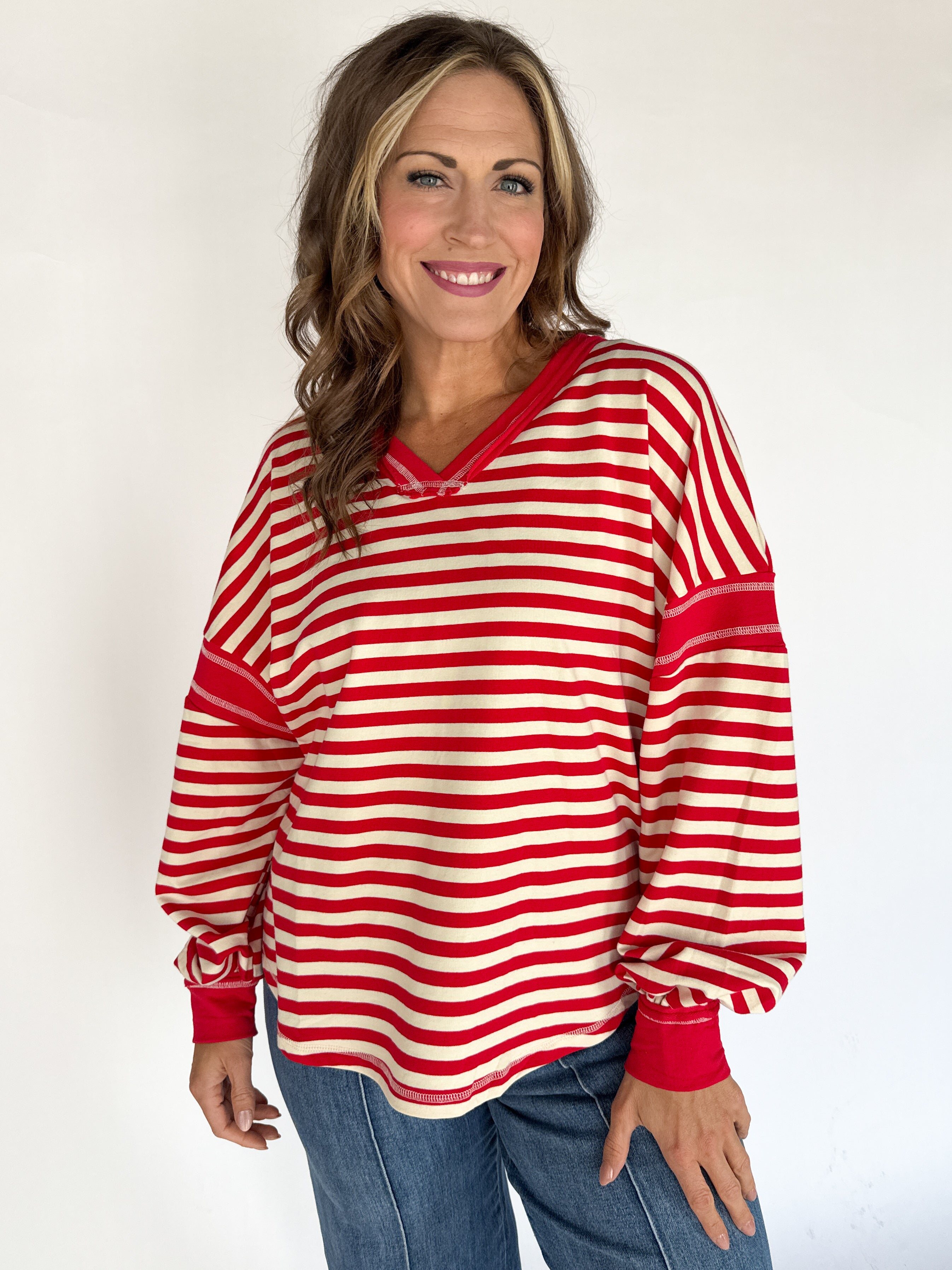 Balloon Sleeve Stripe Pullover- Red/Cream - Ana Patricia Boutique