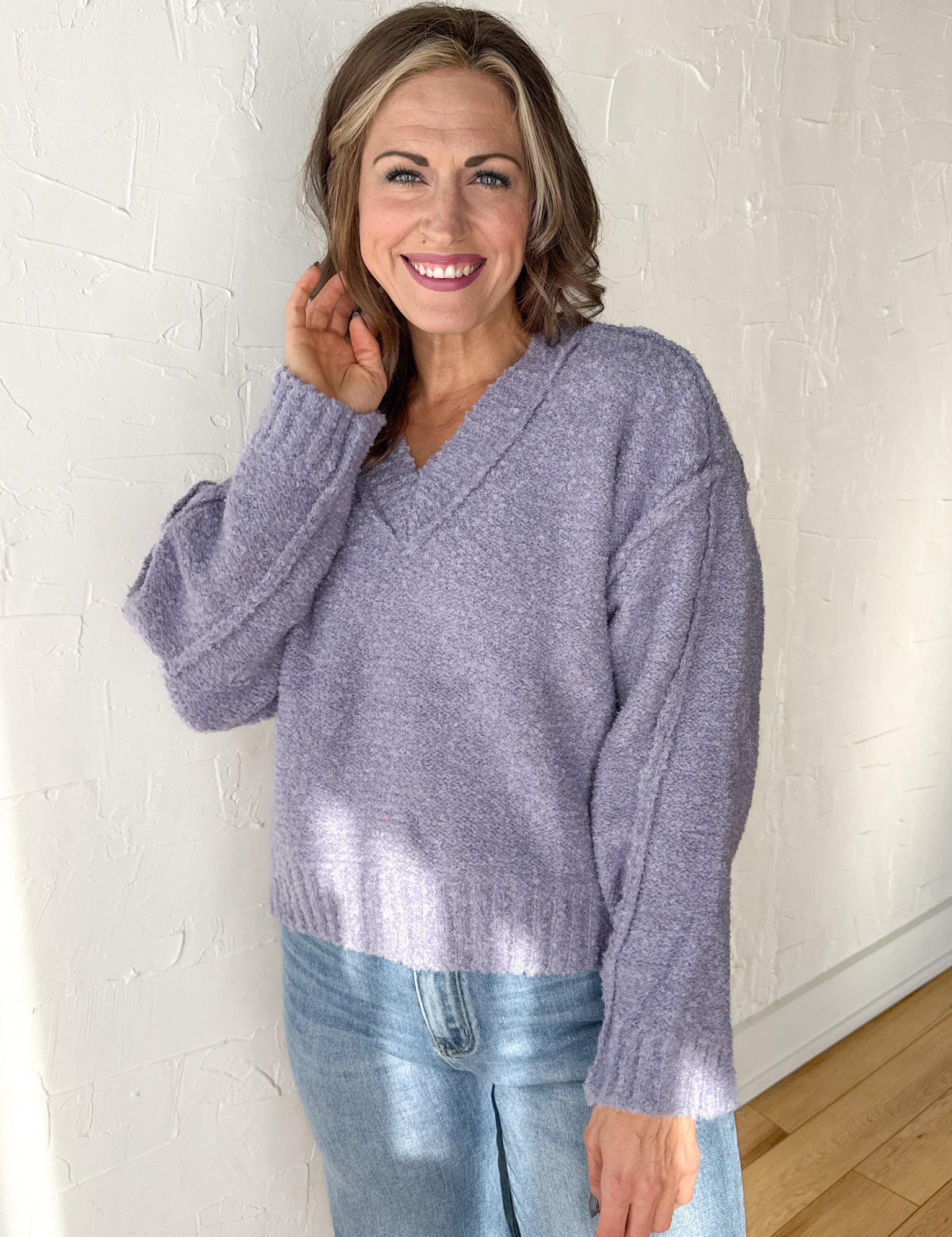 V Neck Fuzzy Sweater- Lavender - Ana Patricia Boutique
