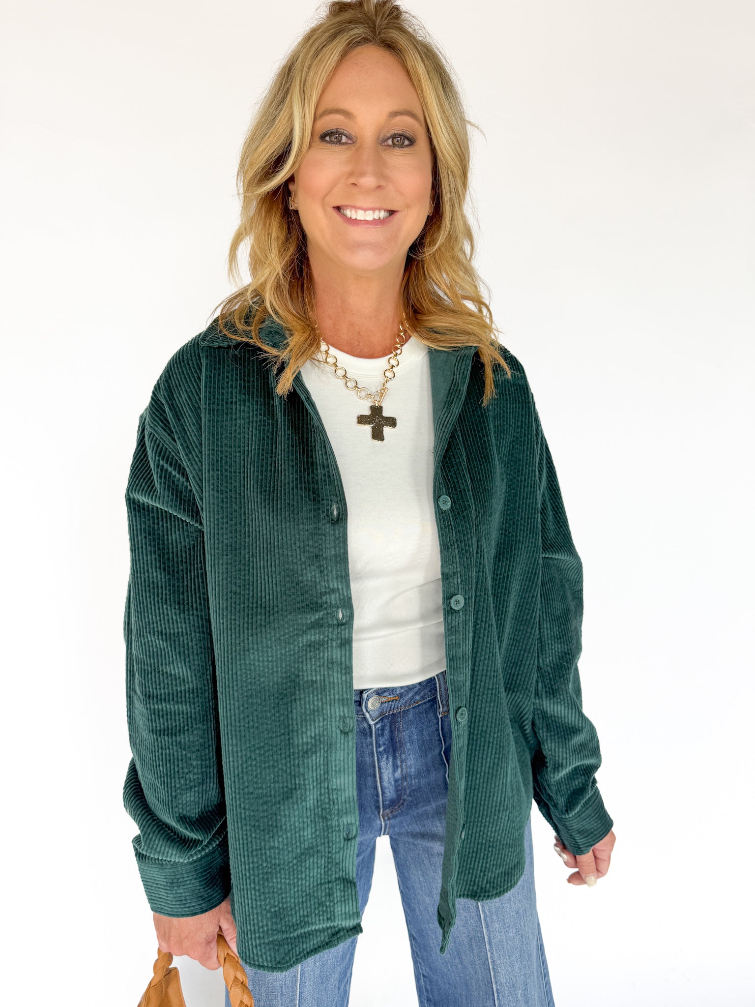 Corduroy Button Up Shirt- Forest Green - Ana Patricia Boutique