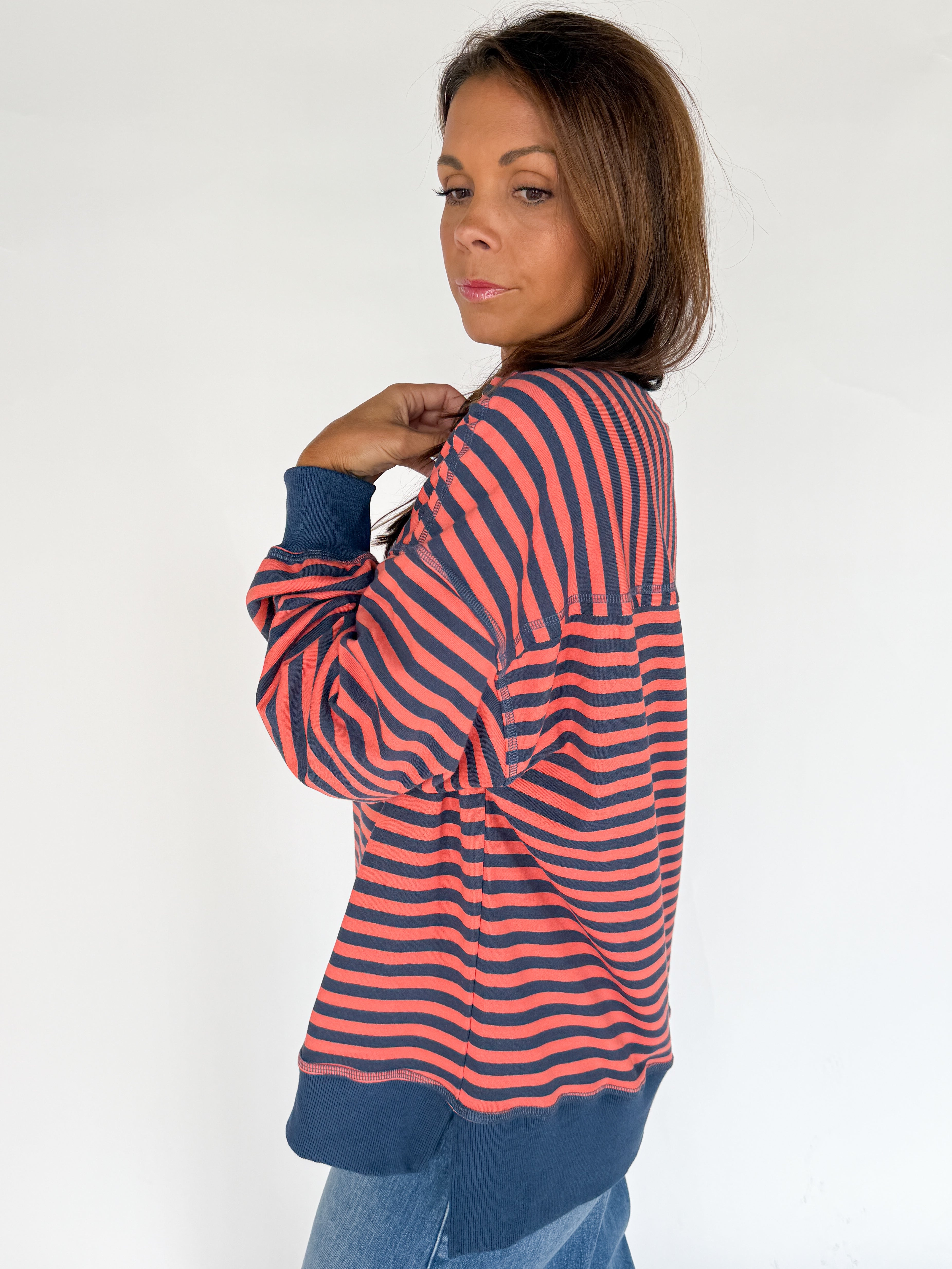 Stripe Comfy Pullover-Coral/Navy - Ana Patricia Boutique