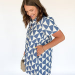 Geometric Button Up Dress- Blue - Ana Patricia Boutique