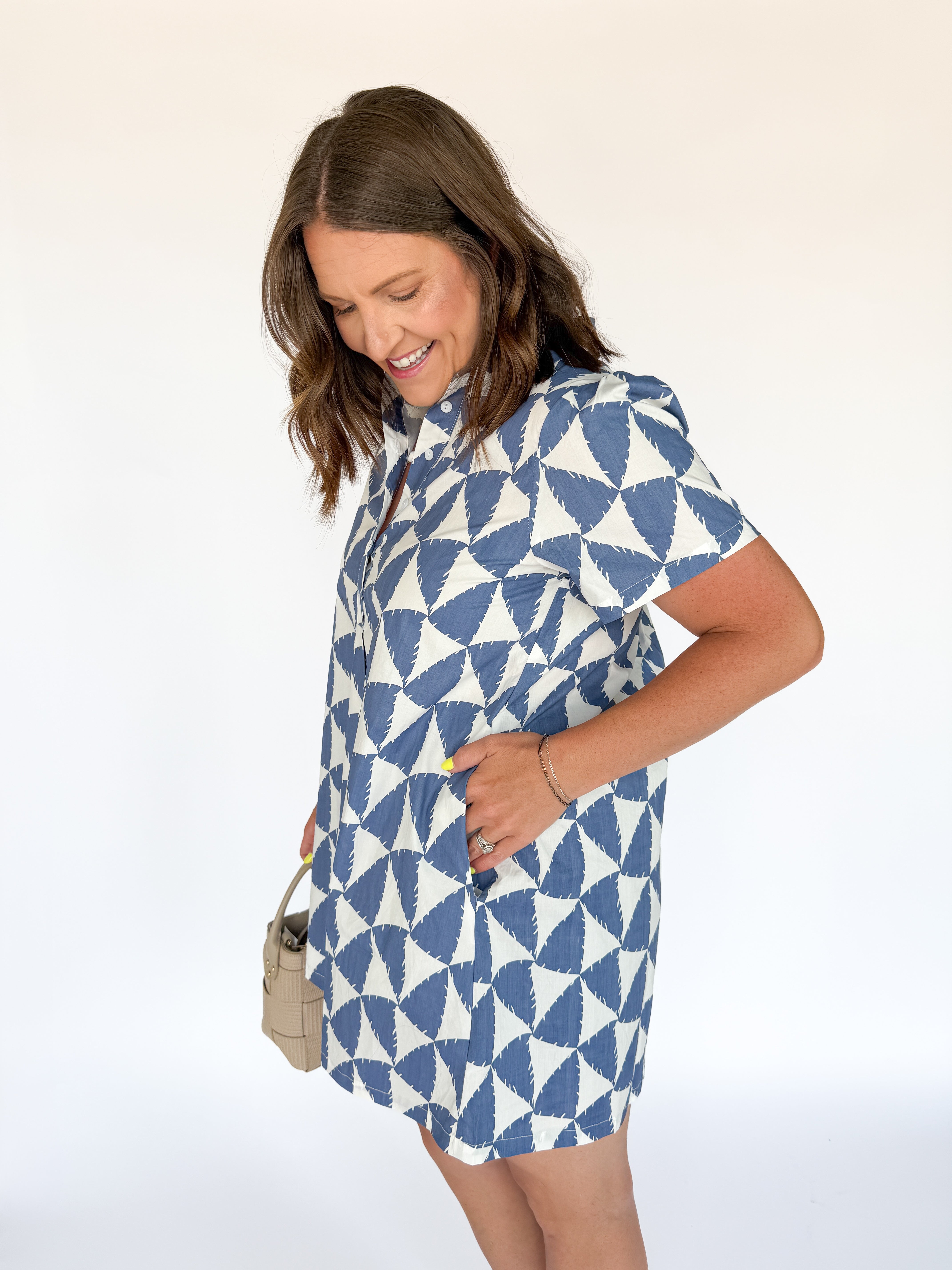 Geometric Button Up Dress- Blue - Ana Patricia Boutique