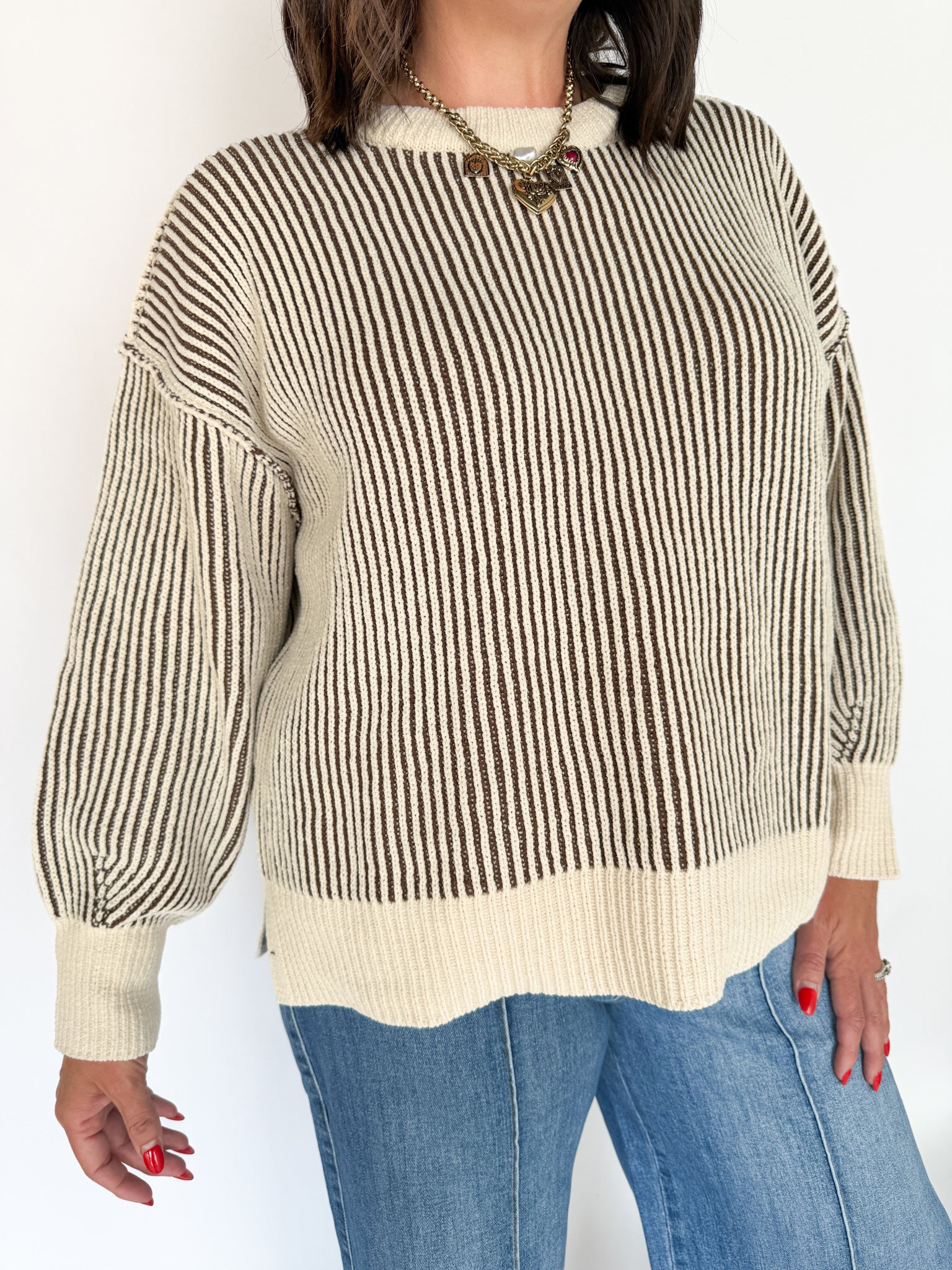 Two Tone Crewneck Sweater- Brown - Ana Patricia Boutique