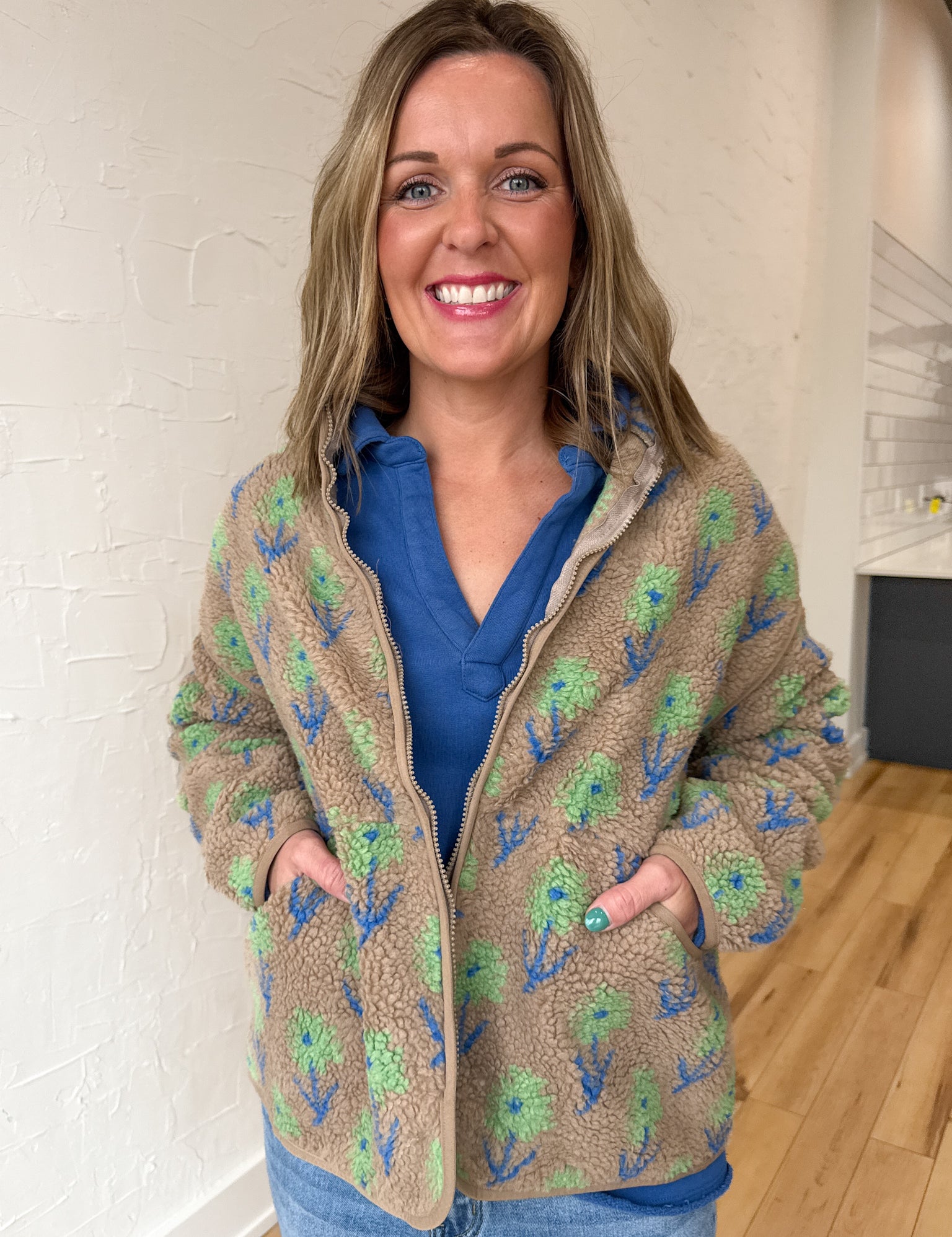 Floral Sherpa Jacket- Mocha - Ana Patricia Boutique