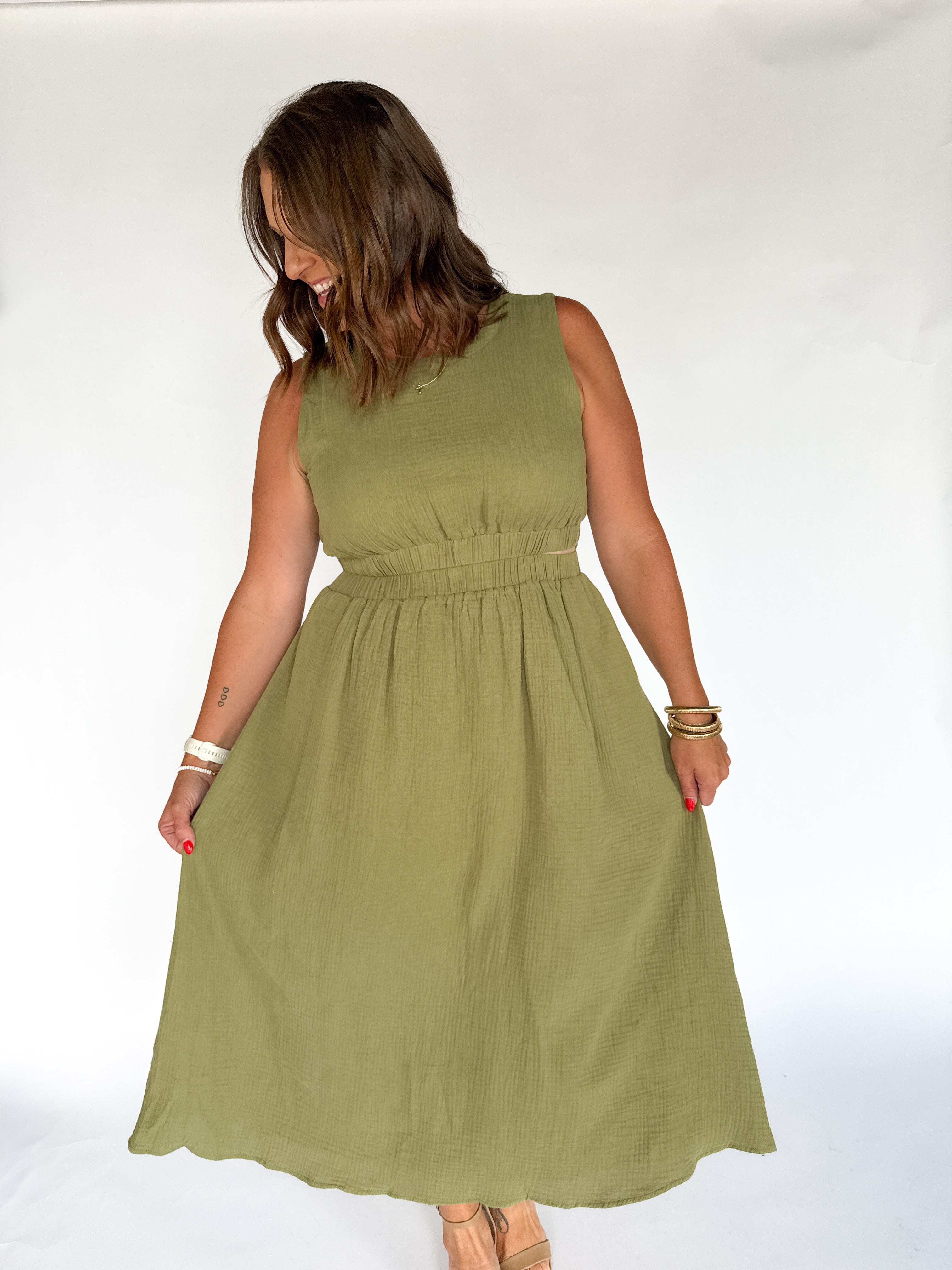 Cut Out Waist Midi Dress- Olive - Ana Patricia Boutique
