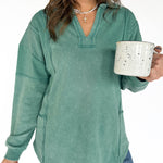 Collared Mineral Wash Top- Sage - Ana Patricia Boutique