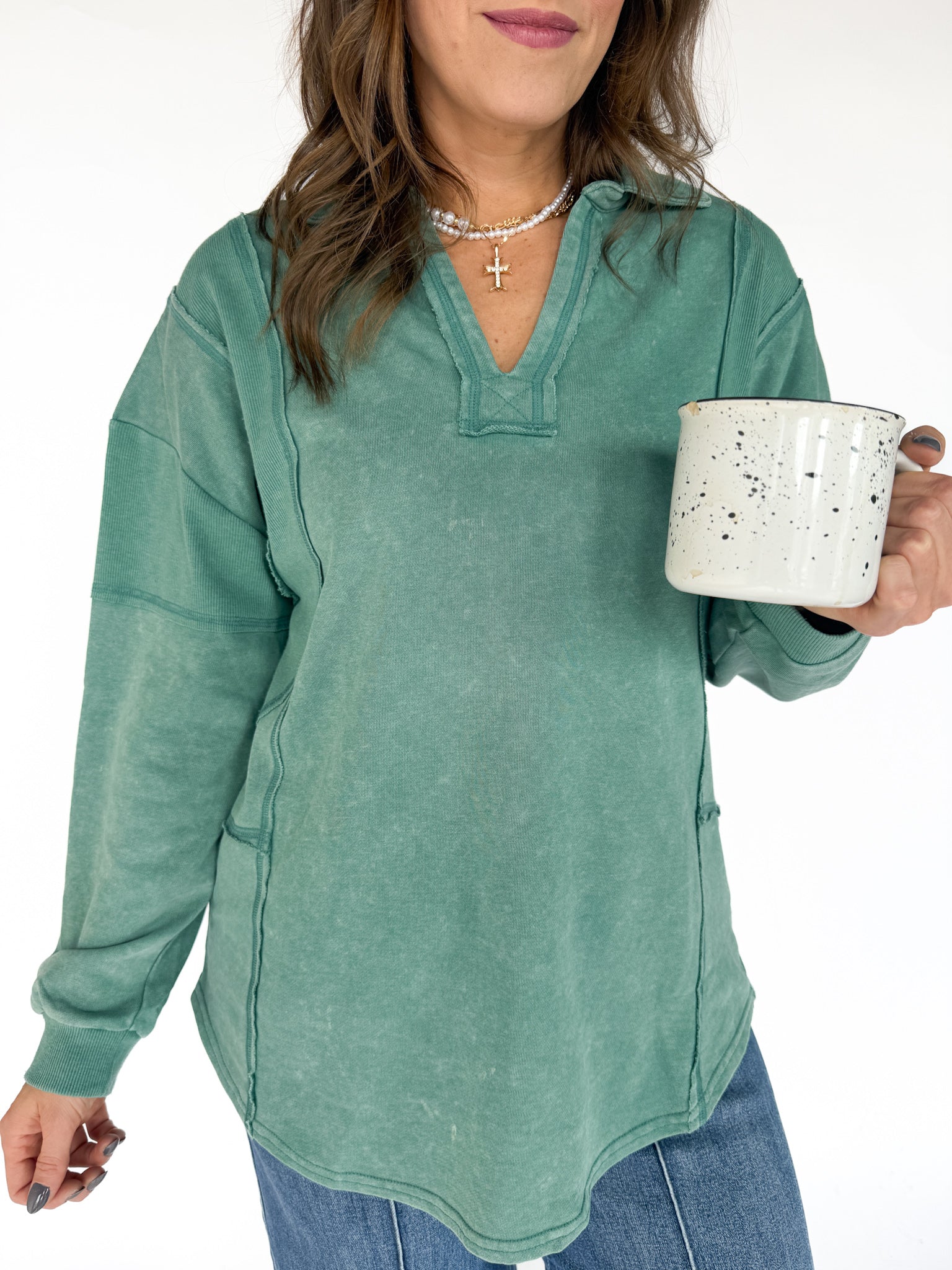 Collared Mineral Wash Top- Sage - Ana Patricia Boutique