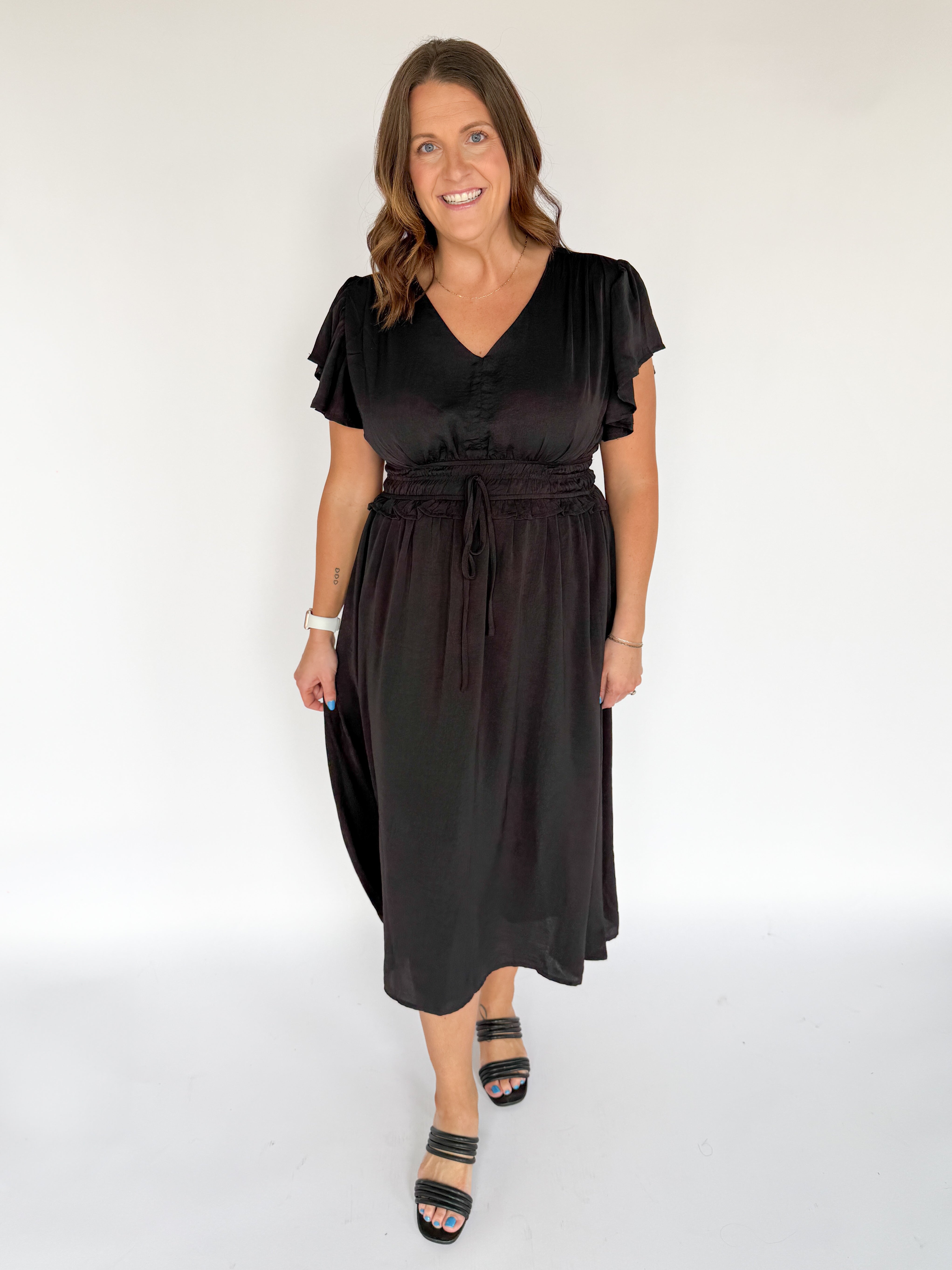 Flutter Sleeve Midi Dress- Black - Ana Patricia Boutique