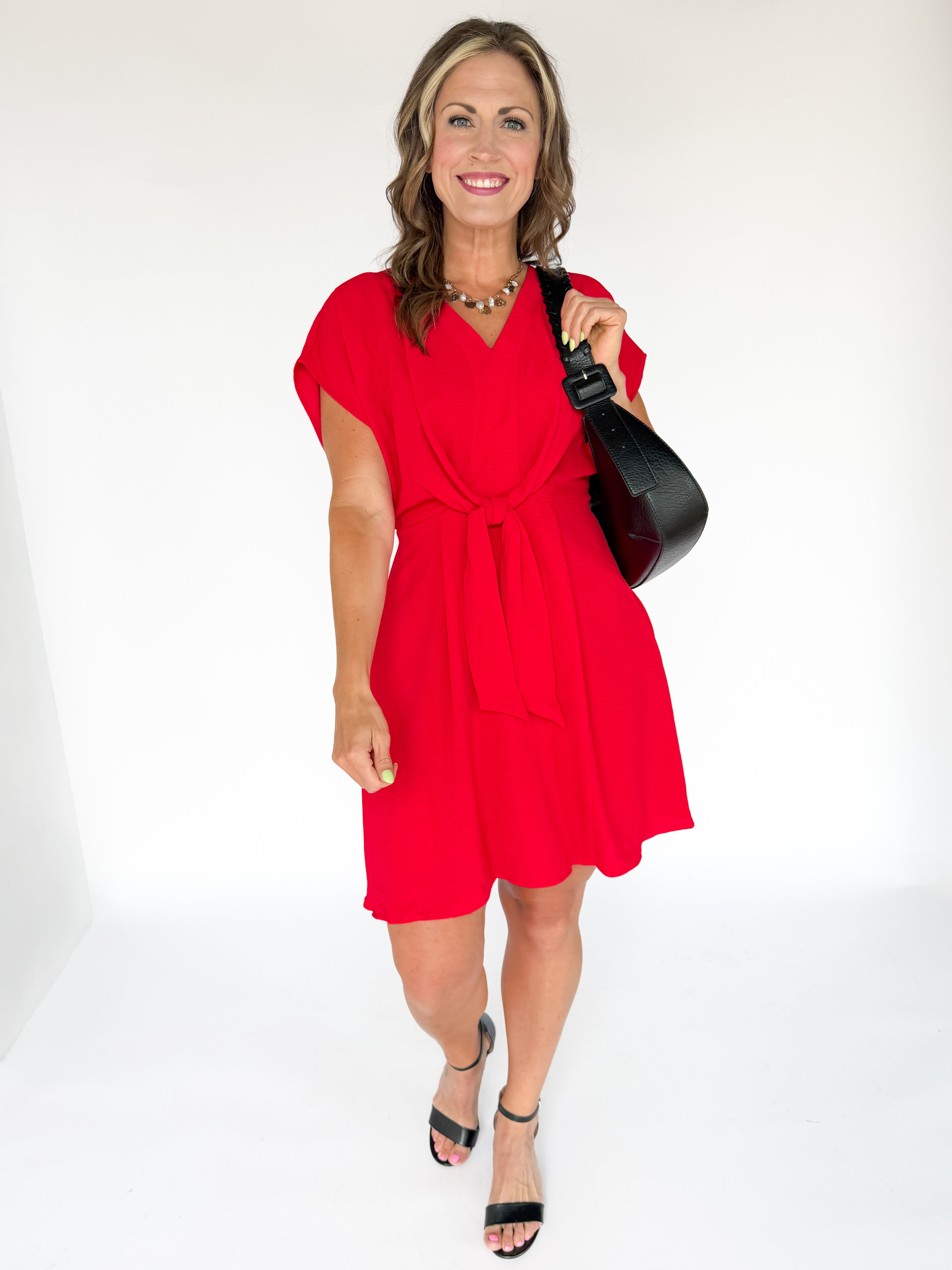 V Neck Short Sleeve Dress- Red - Ana Patricia Boutique