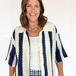 Collared Stripe Button Up Top- Navy - Ana Patricia Boutique