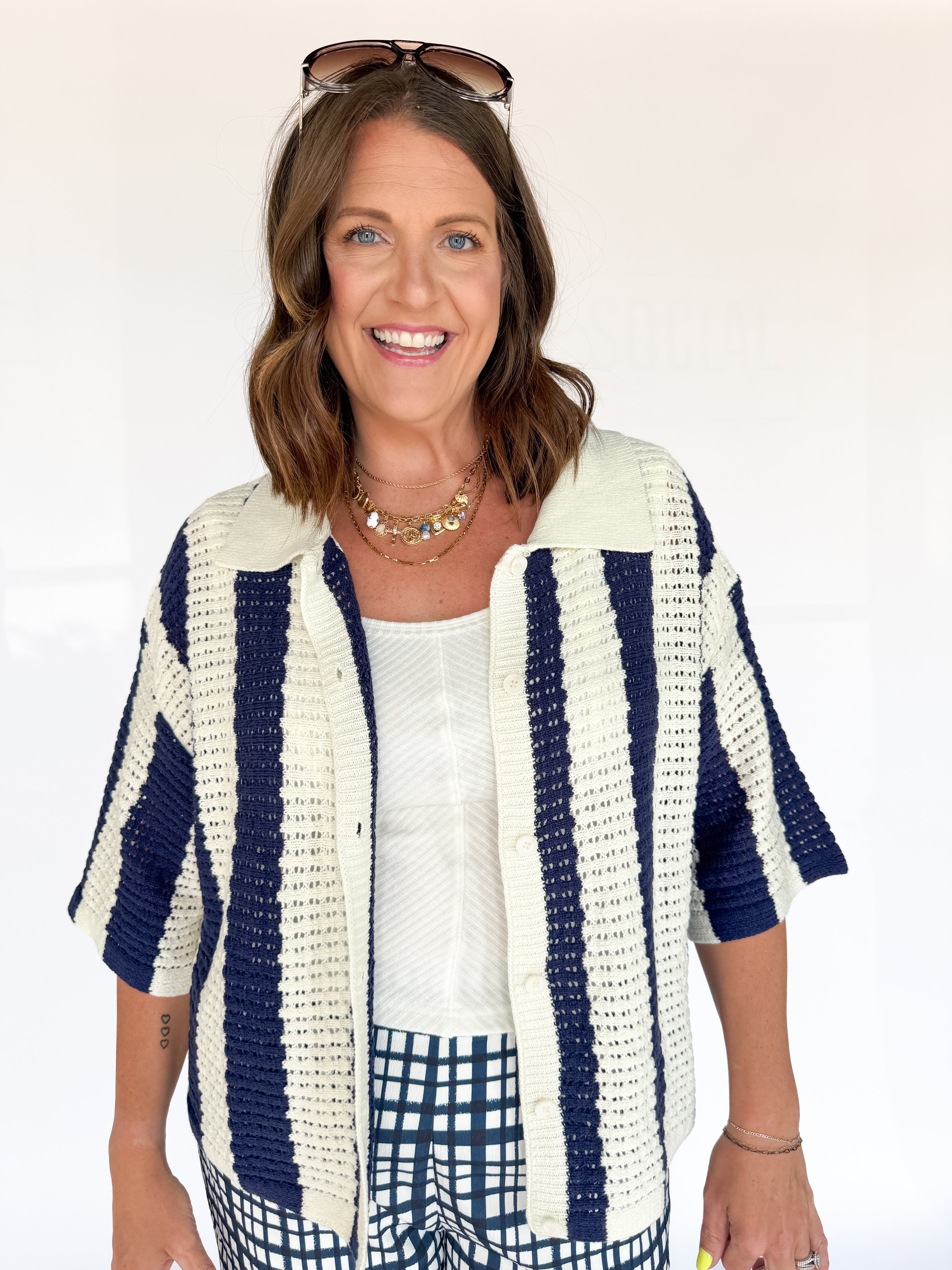 Collared Stripe Button Up Top- Navy - Ana Patricia Boutique