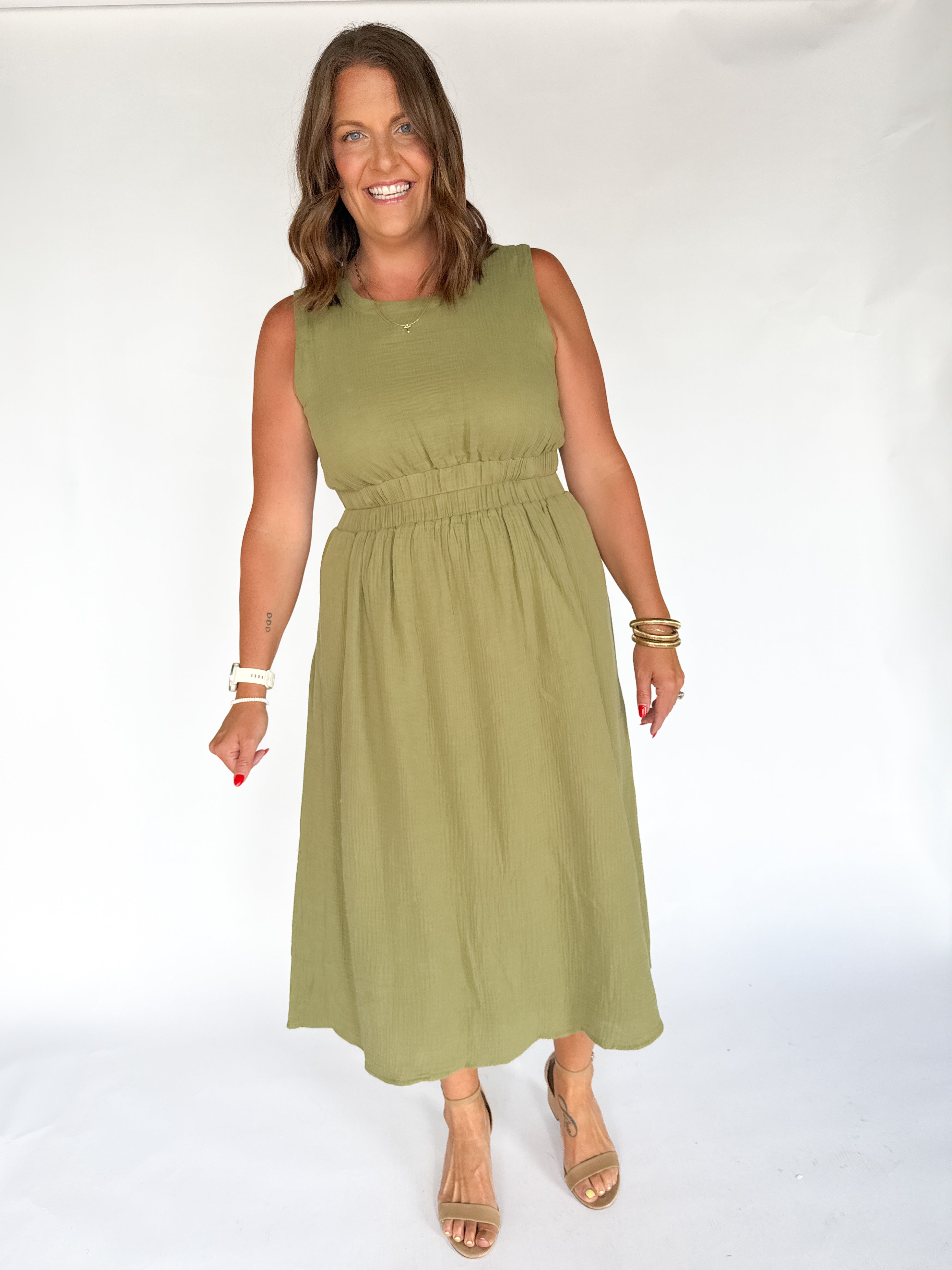 Cut Out Waist Midi Dress- Olive - Ana Patricia Boutique