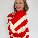 Stripe V Neck Cardigan- Red/Ivory - Ana Patricia Boutique