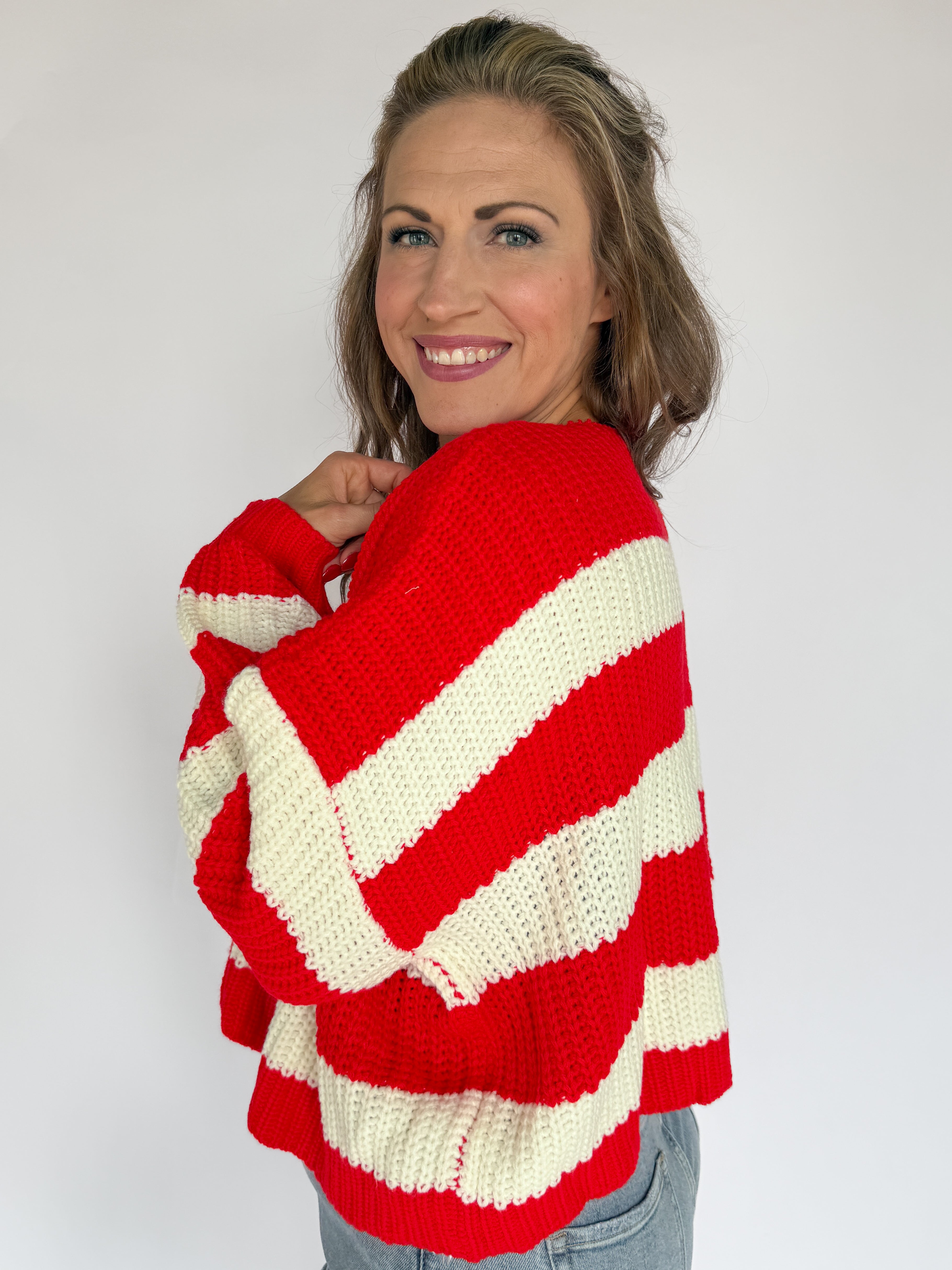 Stripe V Neck Cardigan- Red/Ivory - Ana Patricia Boutique