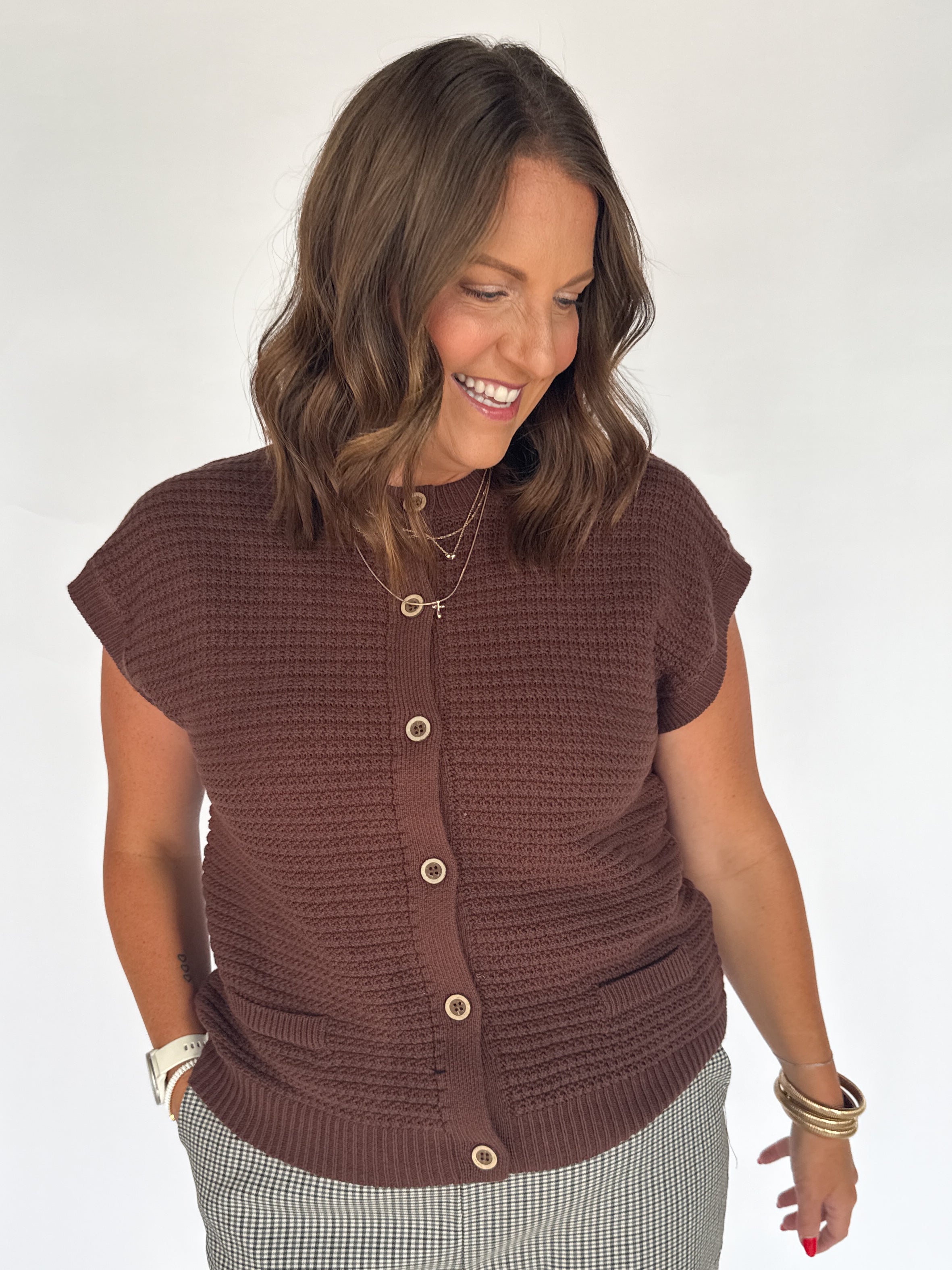 Button Down Cardigan Top- Brown - Ana Patricia Boutique