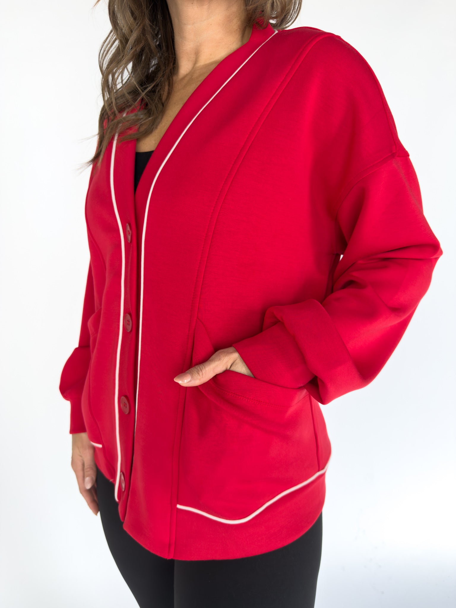 Scuba Piping Cardi- Red/Cream - Ana Patricia Boutique