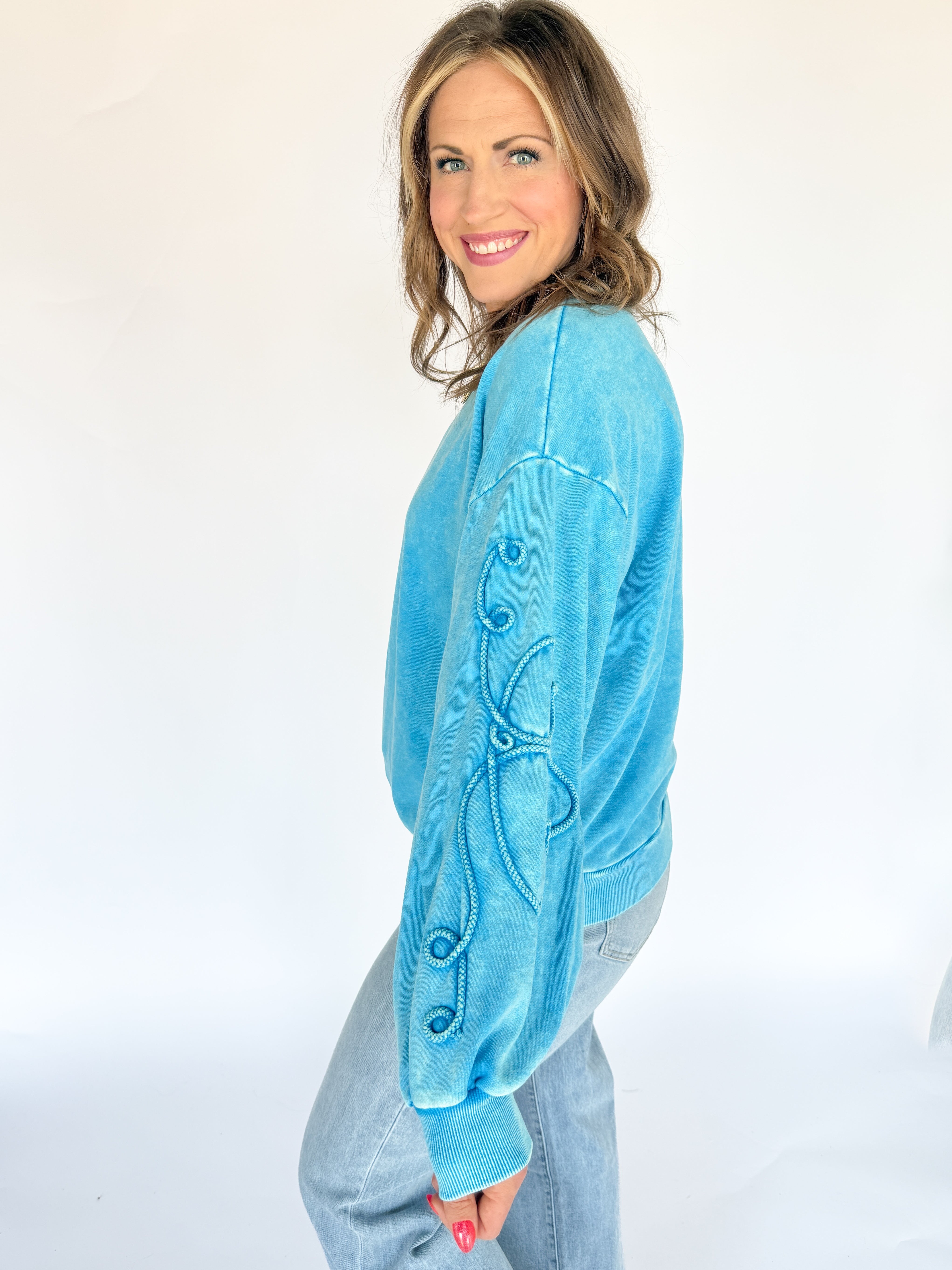 Washed Terry Heart Pullover- Blue - Ana Patricia Boutique