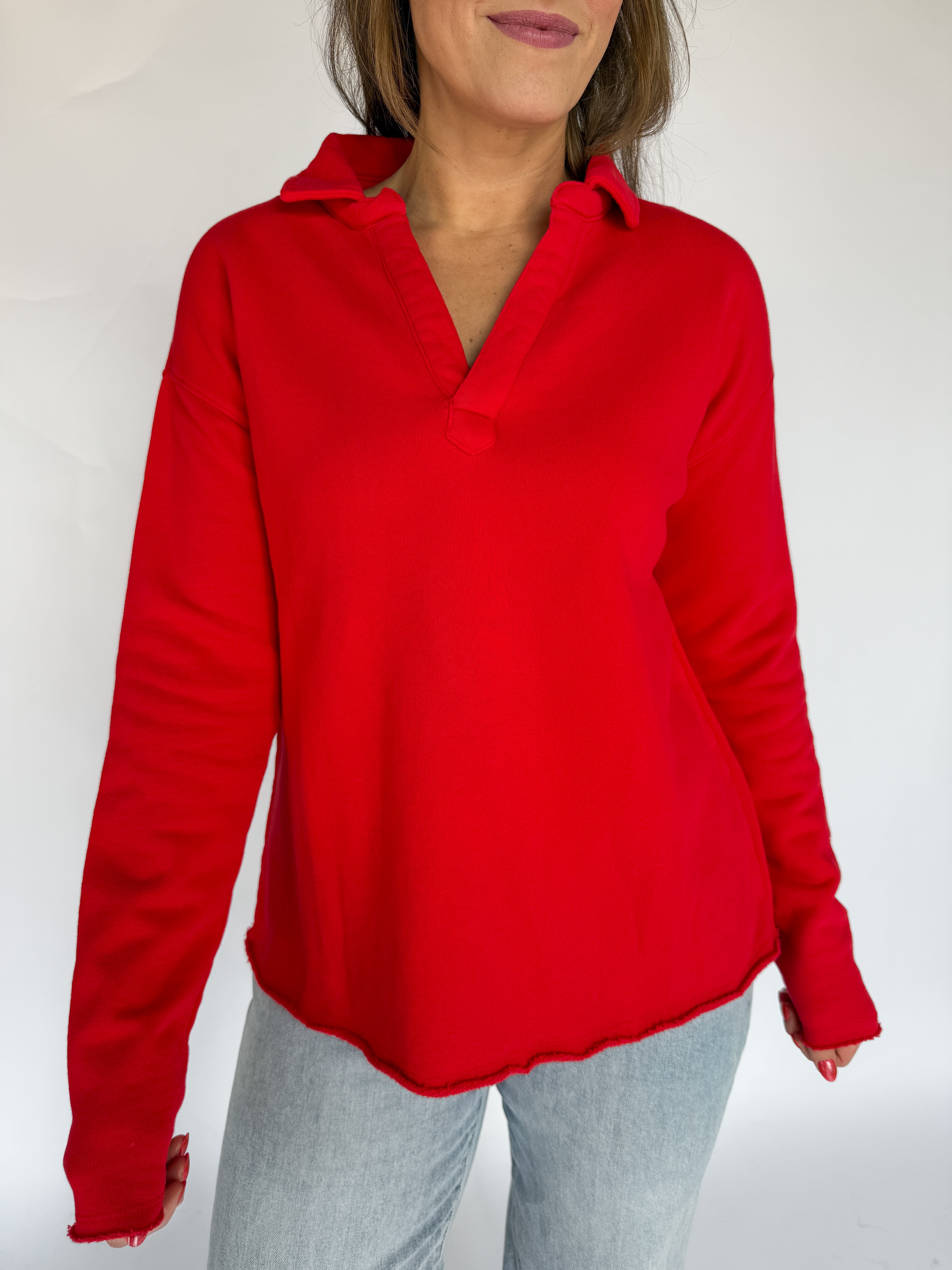 Long Sleeve Henley Top- Red - Ana Patricia Boutique