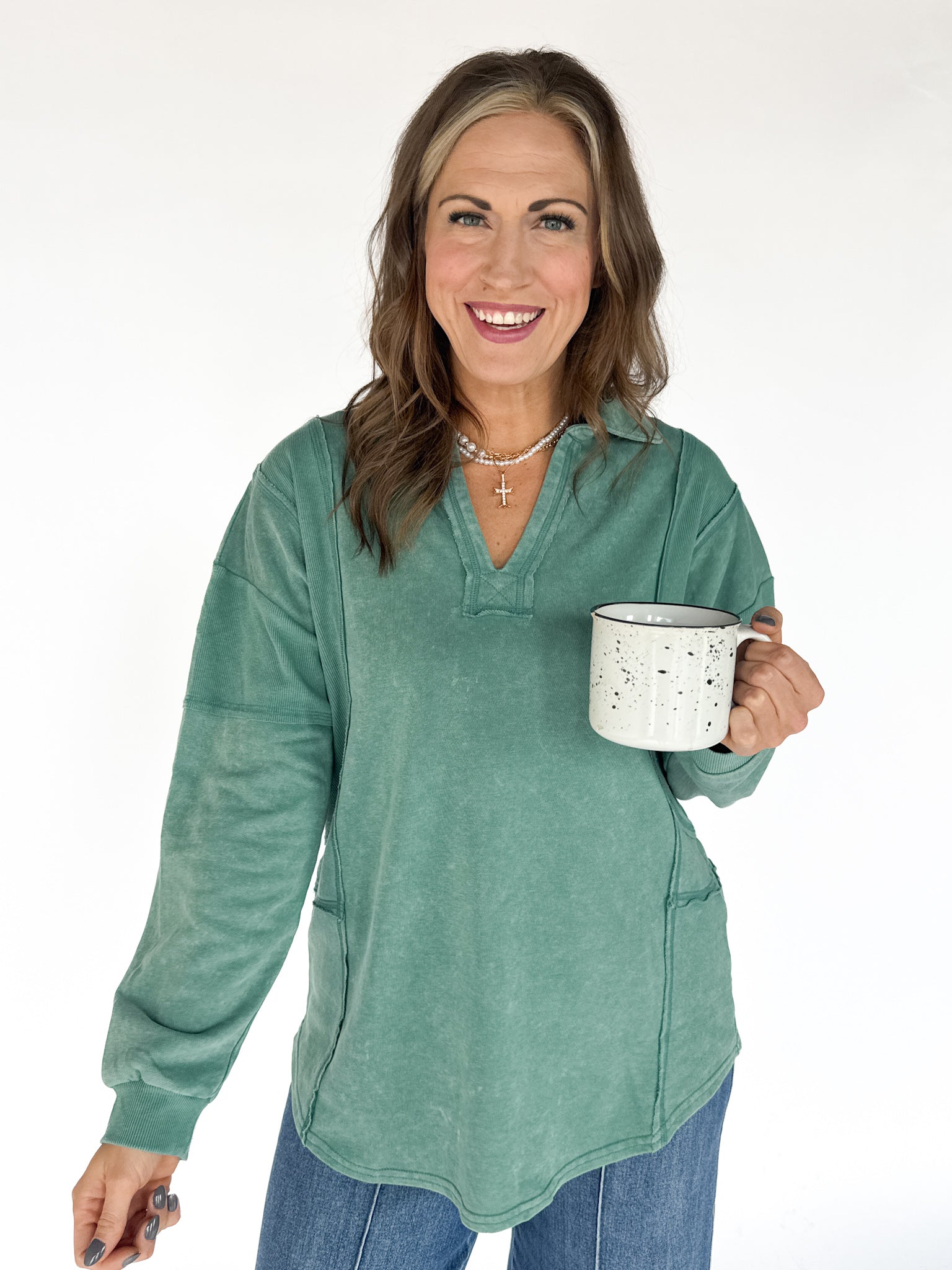 Collared Mineral Wash Top- Sage - Ana Patricia Boutique
