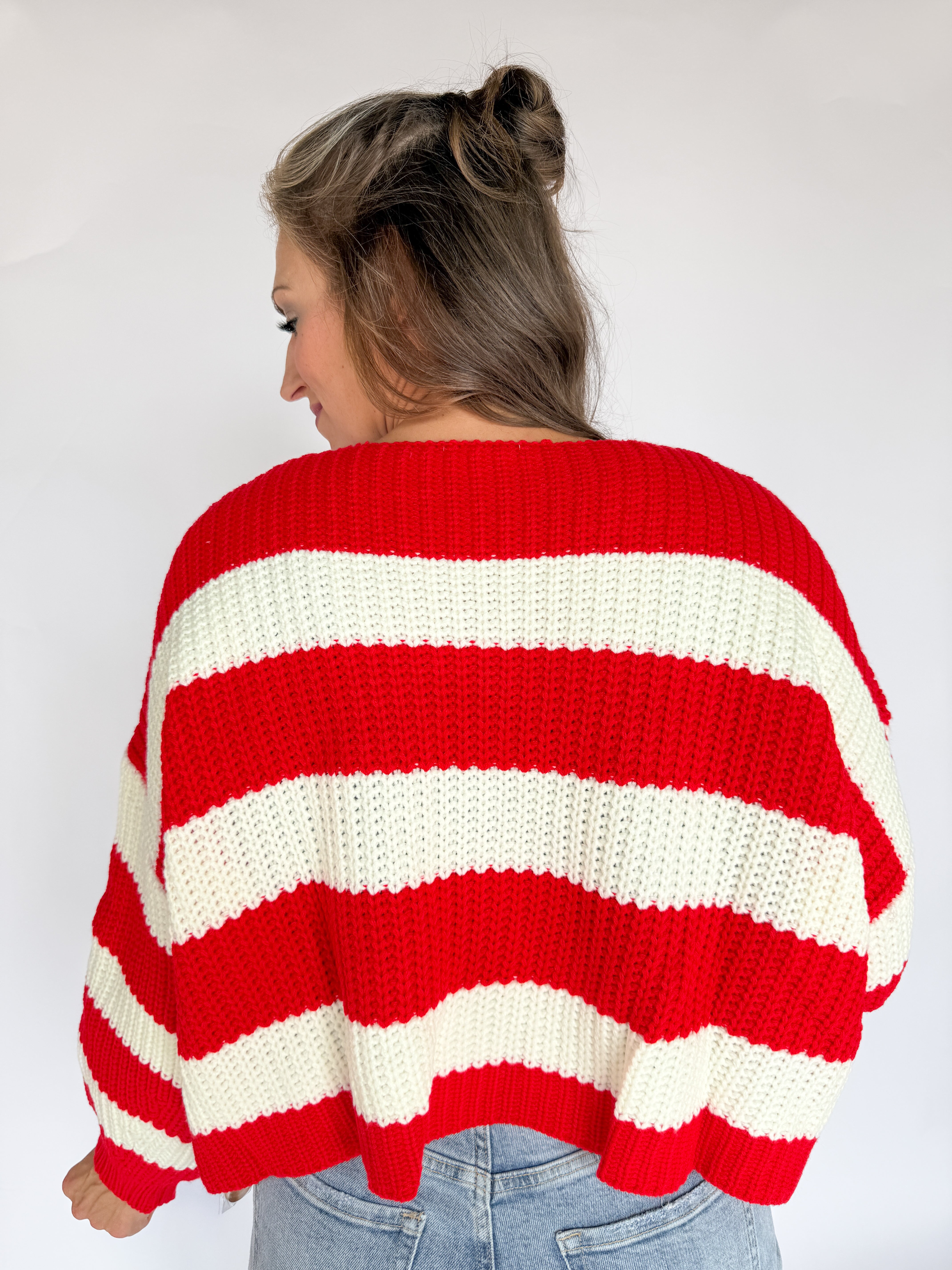 Stripe V Neck Cardigan- Red/Ivory - Ana Patricia Boutique